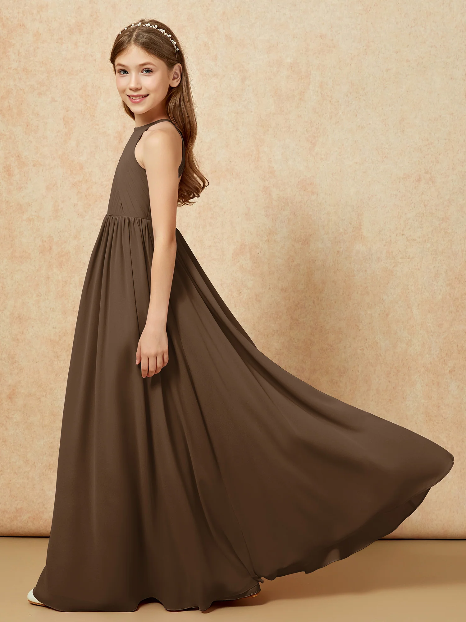 Halter Pleated Long Chiffon Junior Bridesmaid Dress Brown - Image 7