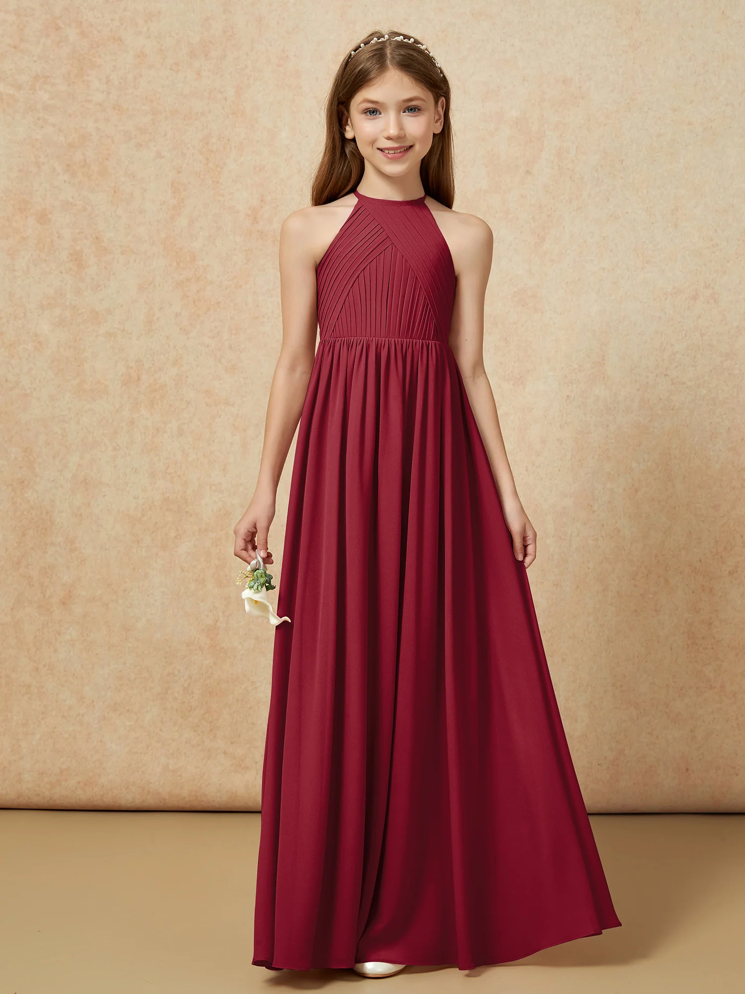 Halter Pleated Long Chiffon Junior Bridesmaid Dress Burgundy
