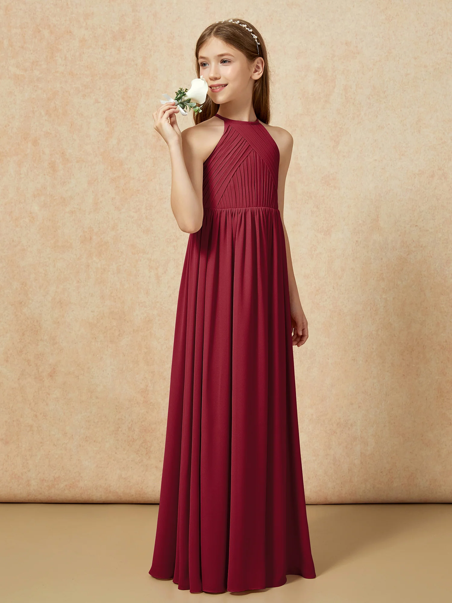 Halter Pleated Long Chiffon Junior Bridesmaid Dress Burgundy - Image 3