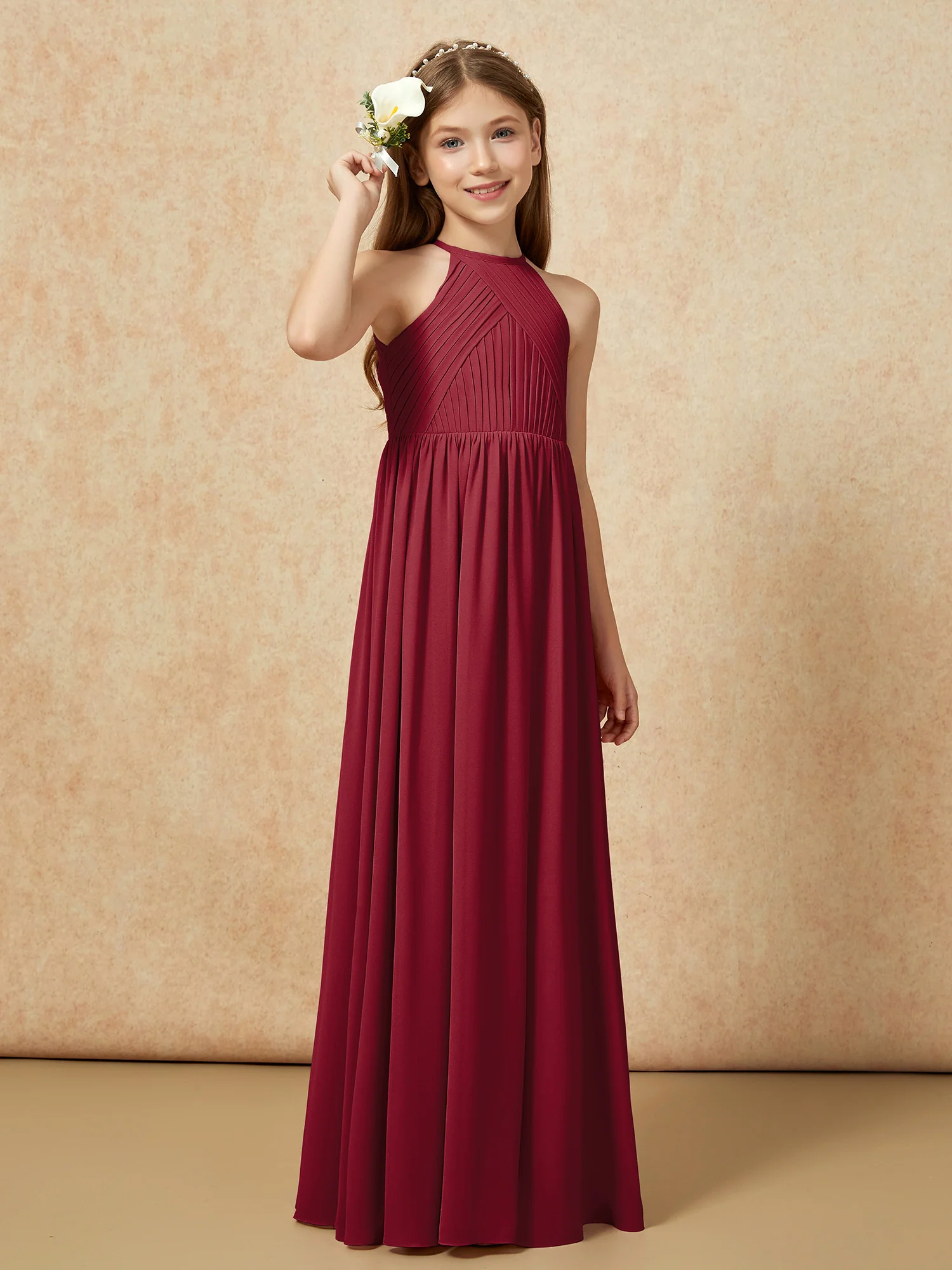 Halter Pleated Long Chiffon Junior Bridesmaid Dress Burgundy - Image 4