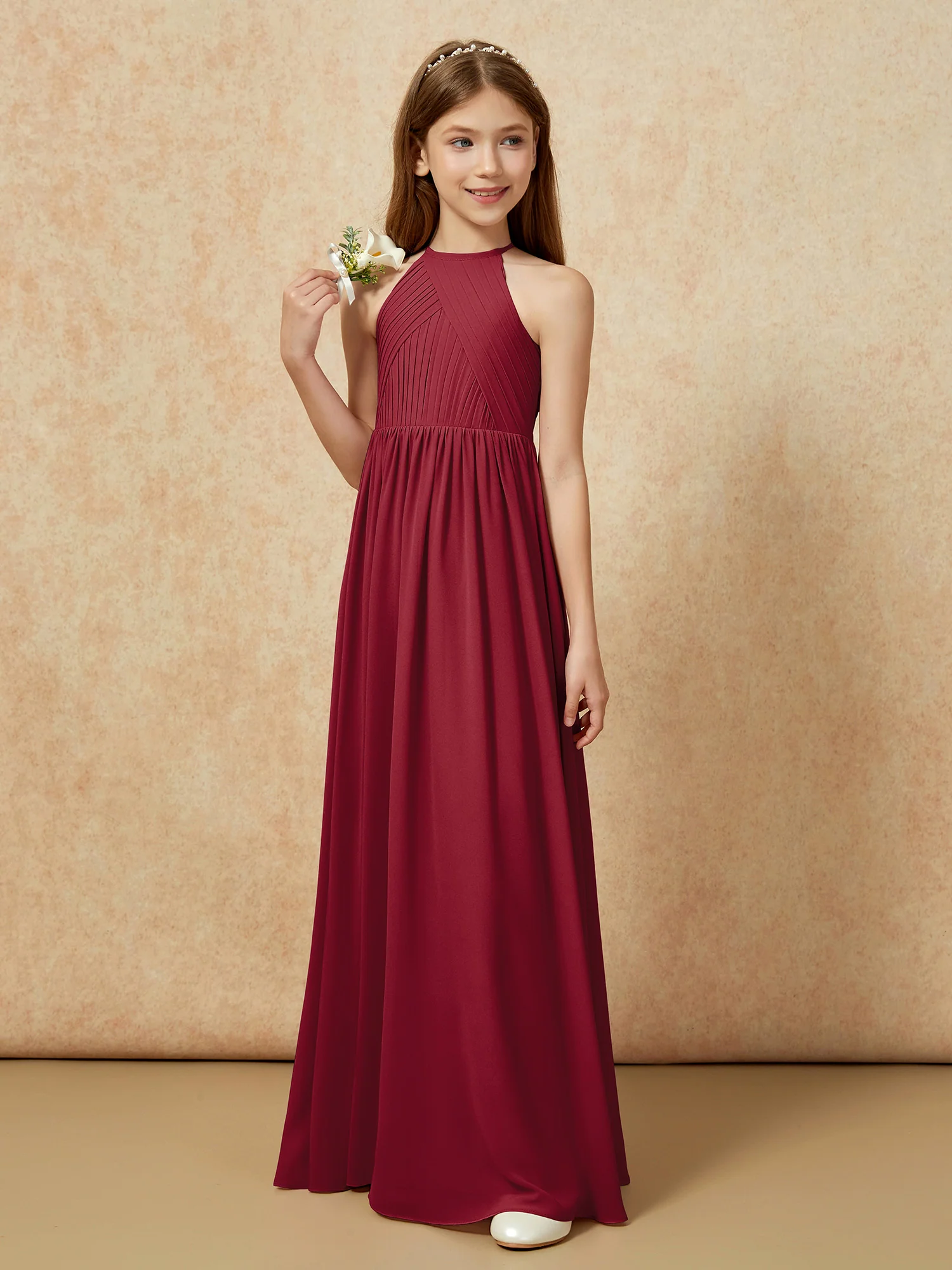 Halter Pleated Long Chiffon Junior Bridesmaid Dress Burgundy - Image 5