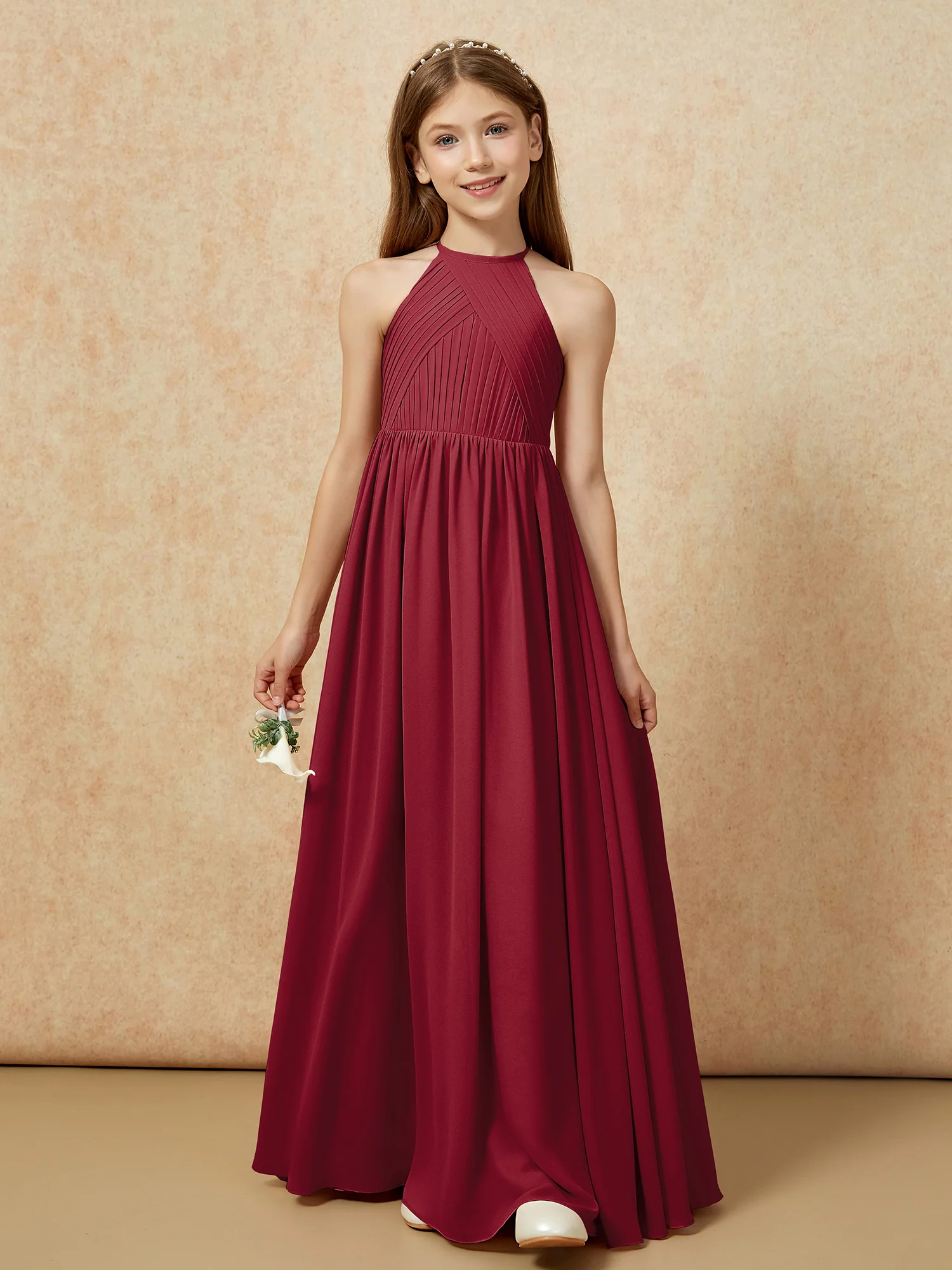 Halter Pleated Long Chiffon Junior Bridesmaid Dress Burgundy - Image 6