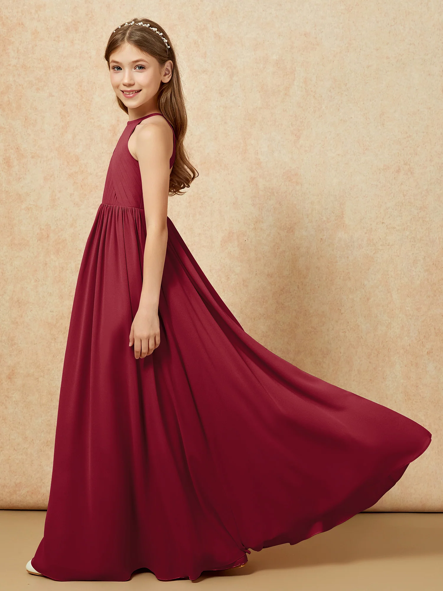 Halter Pleated Long Chiffon Junior Bridesmaid Dress Burgundy - Image 7