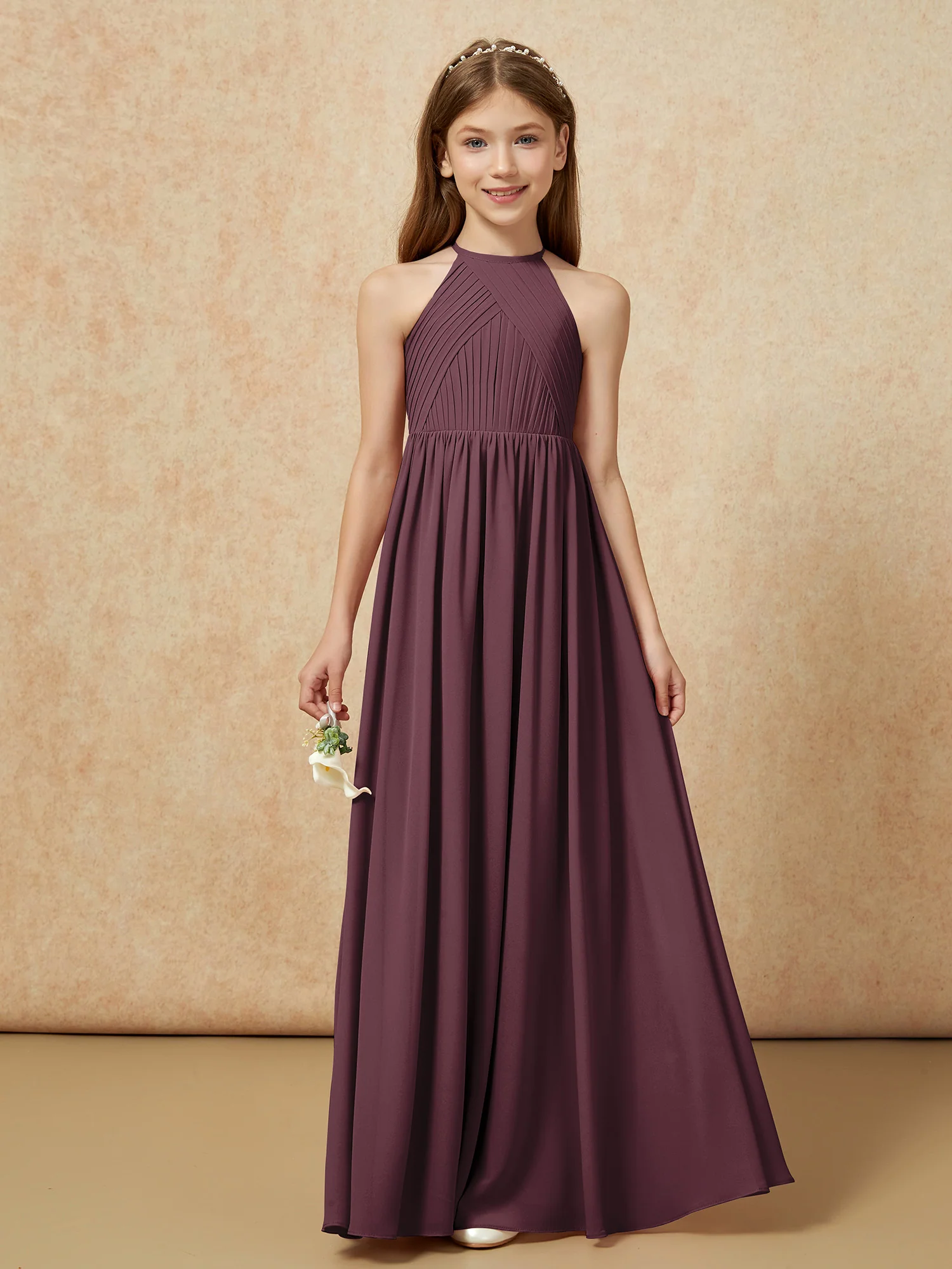 Halter Pleated Long Chiffon Junior Bridesmaid Dress Cabernet