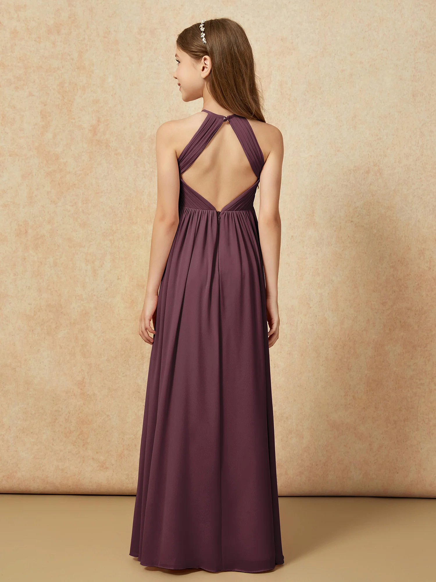 Halter Pleated Long Chiffon Junior Bridesmaid Dress Cabernet - Image 2
