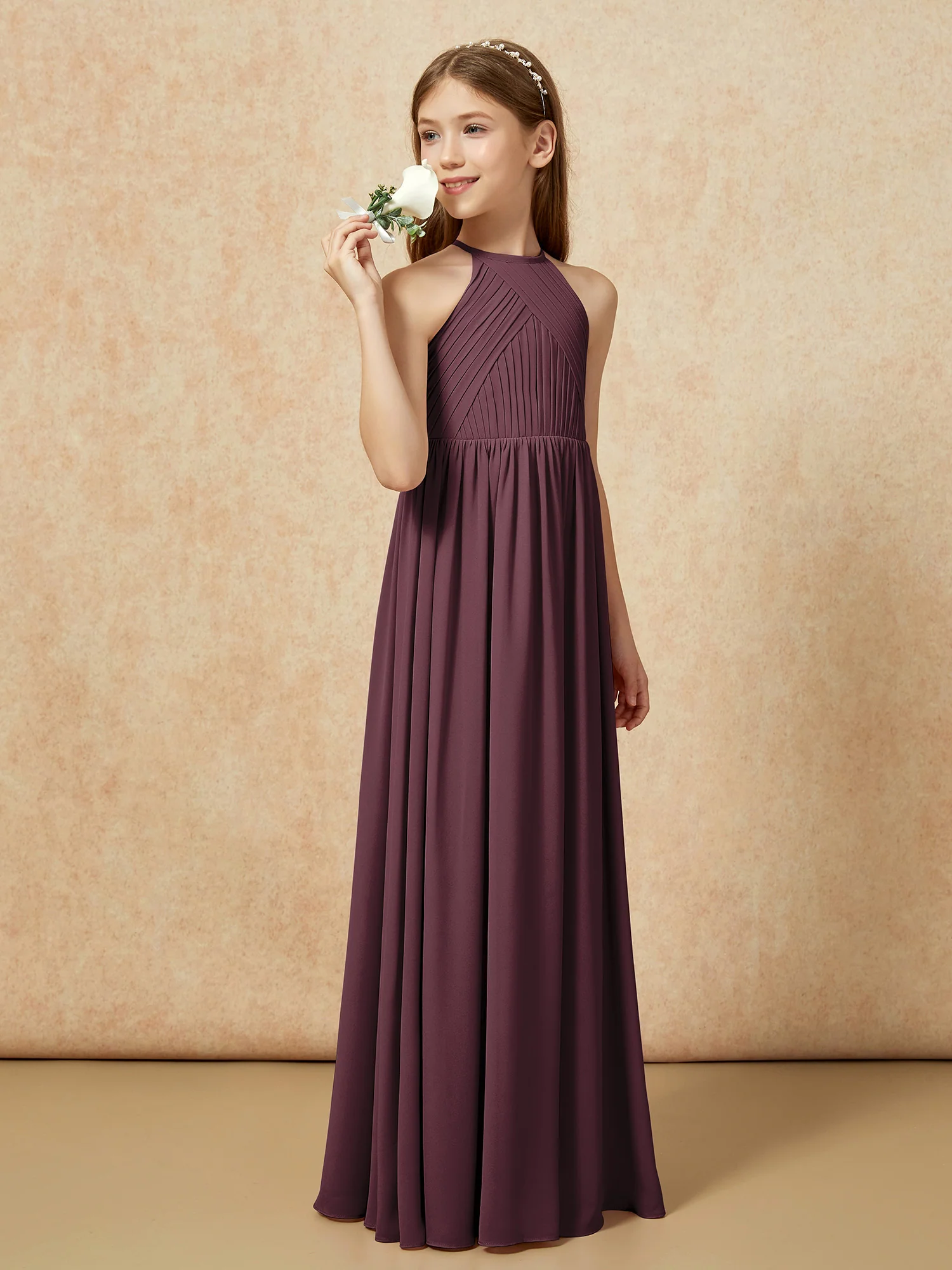 Halter Pleated Long Chiffon Junior Bridesmaid Dress Cabernet - Image 3