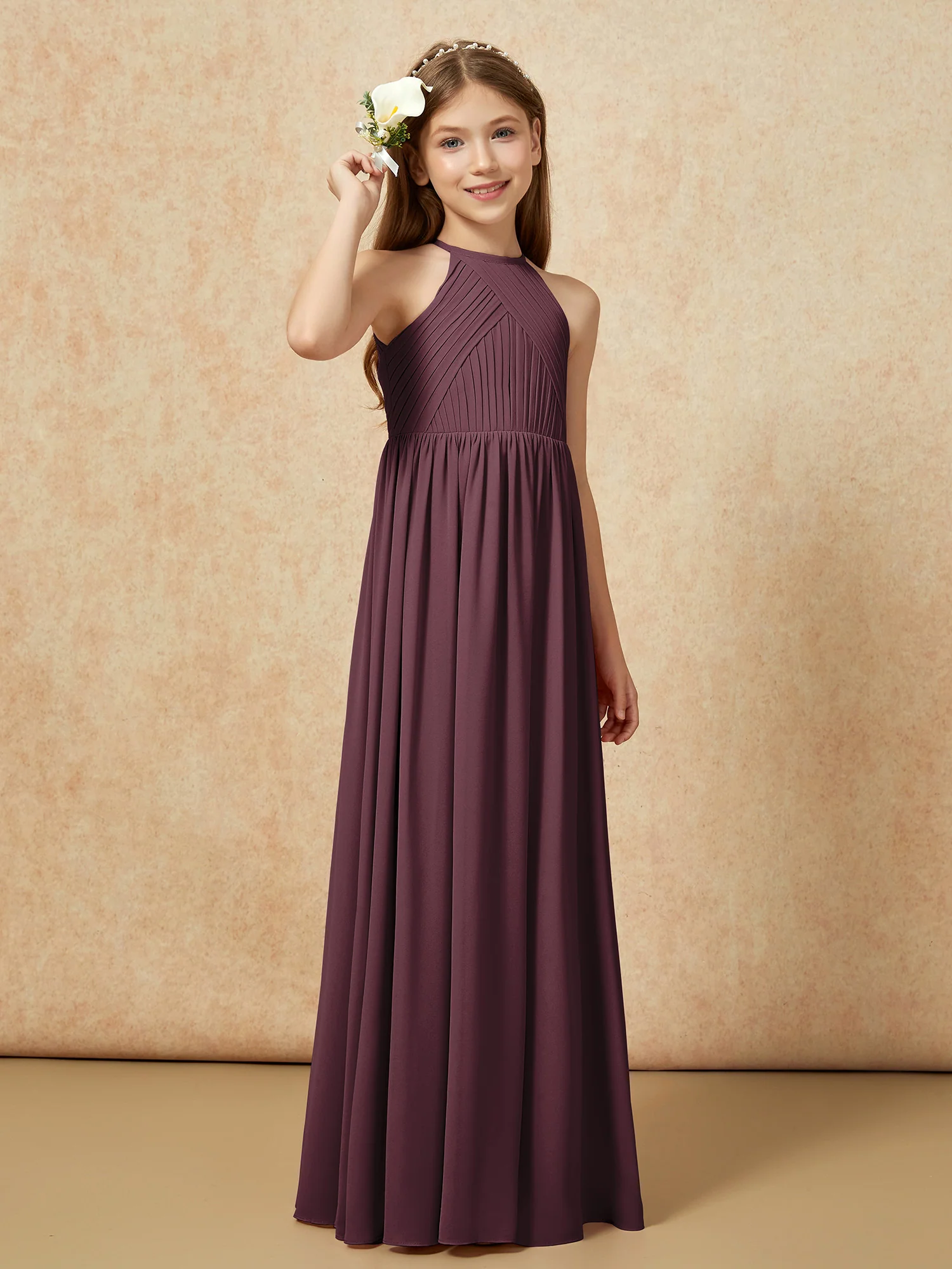 Halter Pleated Long Chiffon Junior Bridesmaid Dress Cabernet - Image 4