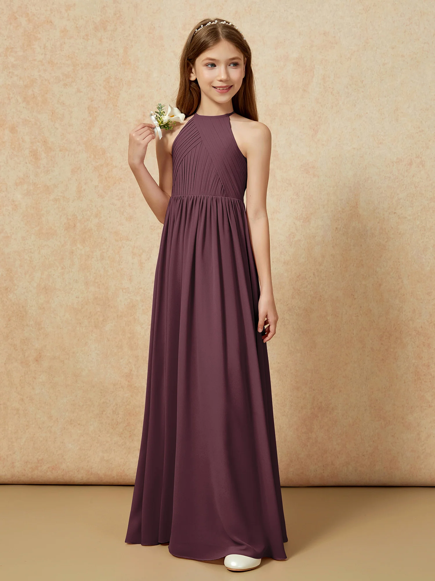 Halter Pleated Long Chiffon Junior Bridesmaid Dress Cabernet - Image 5
