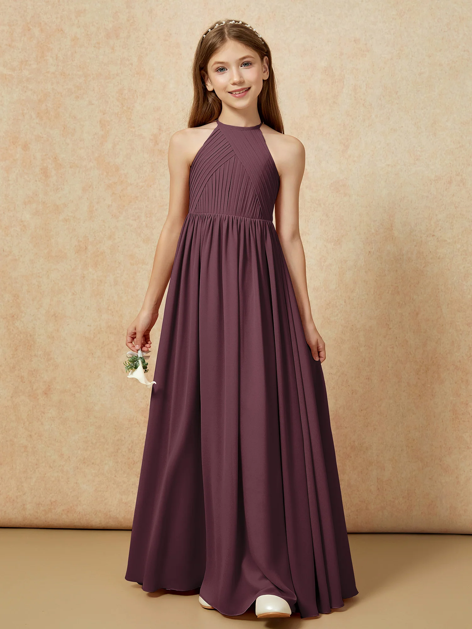 Halter Pleated Long Chiffon Junior Bridesmaid Dress Cabernet - Image 6