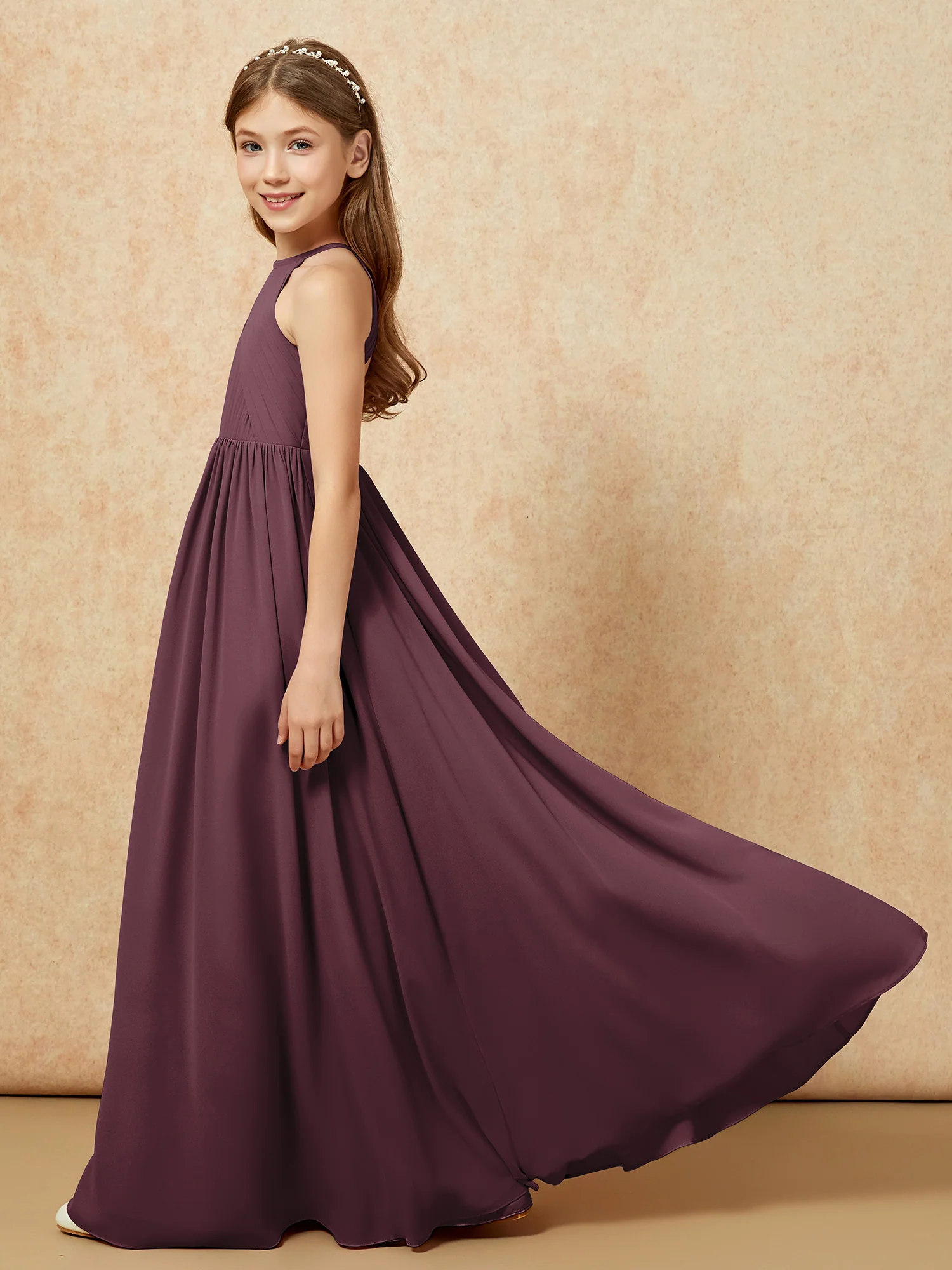 Halter Pleated Long Chiffon Junior Bridesmaid Dress Cabernet - Image 7