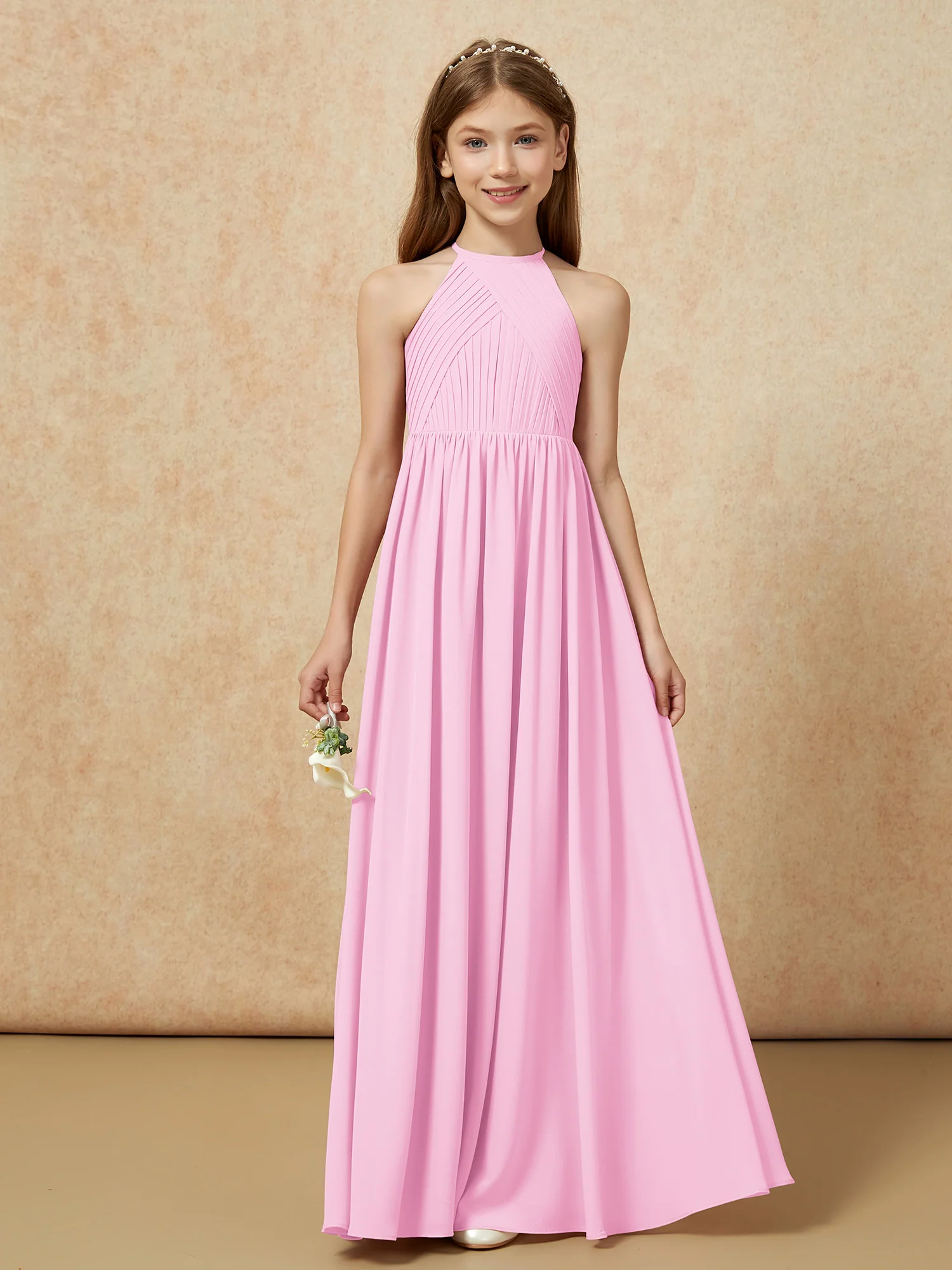 Halter Pleated Long Chiffon Junior Bridesmaid Dress Candy Pink