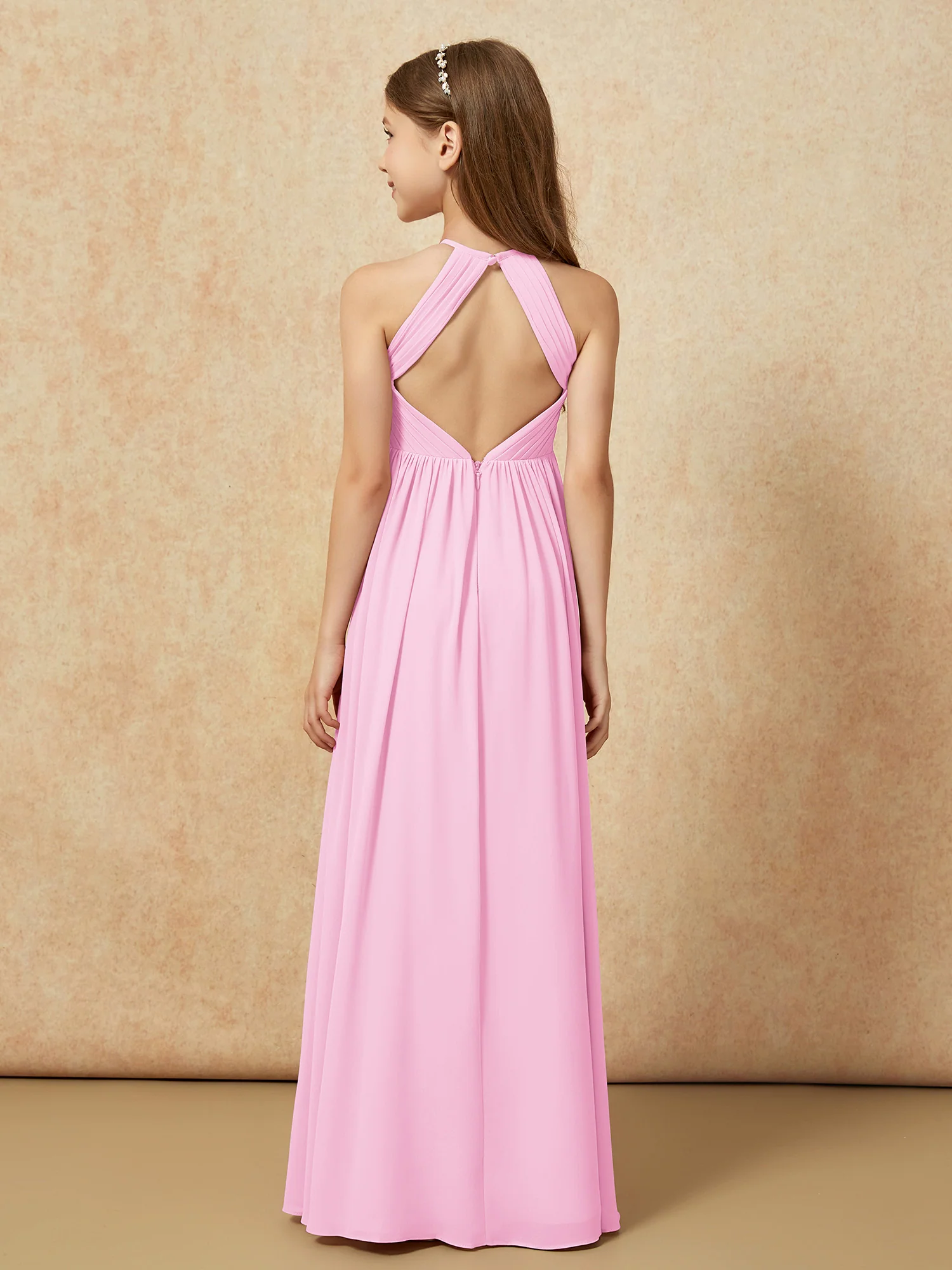 Halter Pleated Long Chiffon Junior Bridesmaid Dress Candy Pink - Image 2