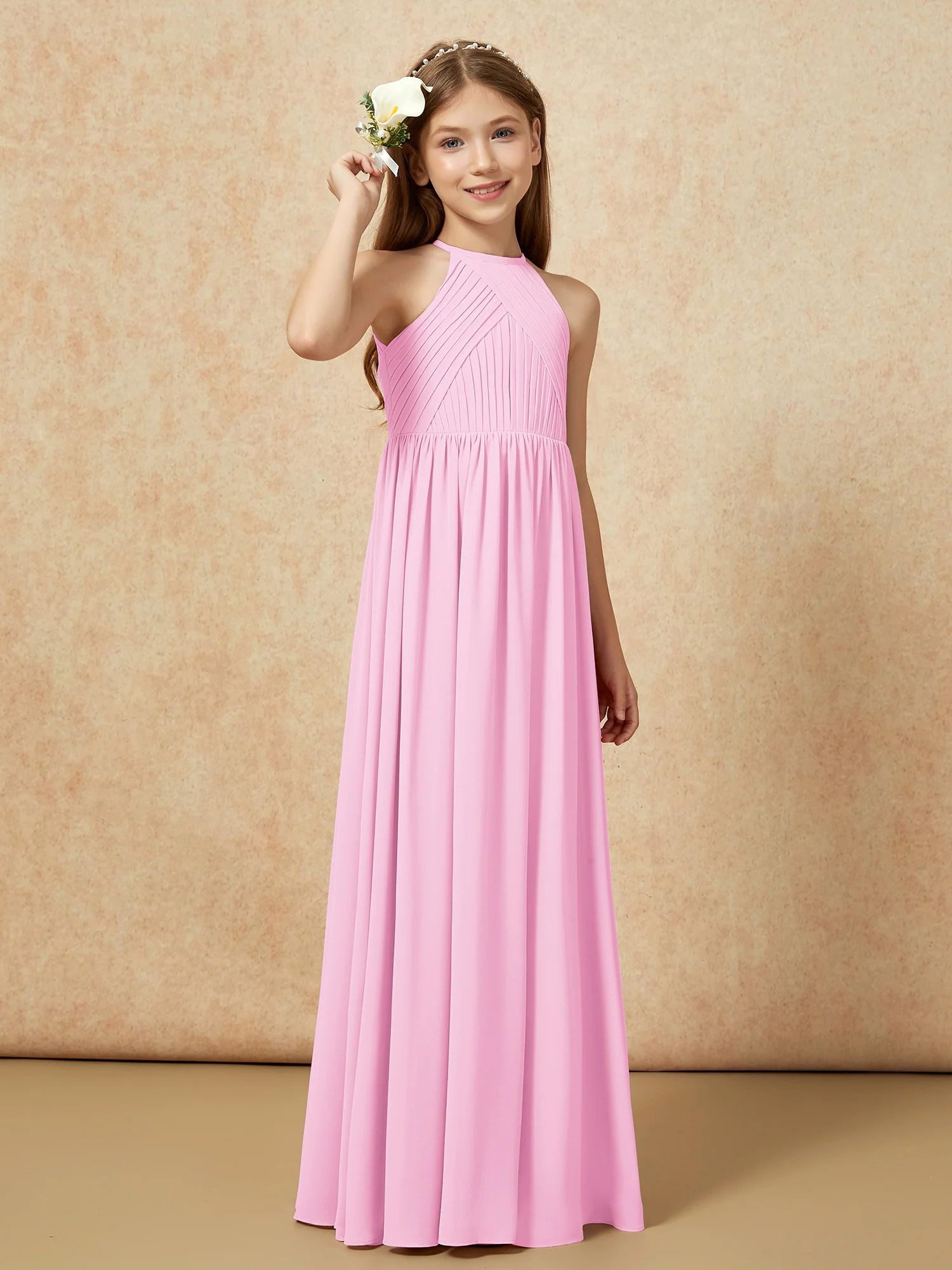 Halter Pleated Long Chiffon Junior Bridesmaid Dress Candy Pink - Image 4