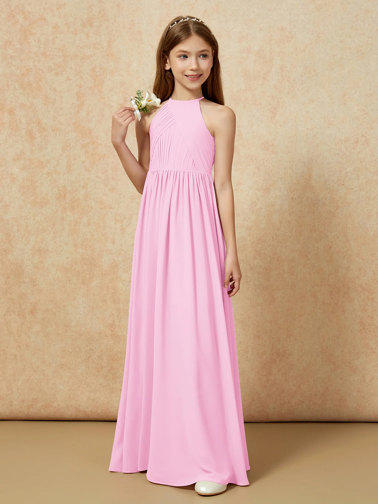 Halter Pleated Long Chiffon Junior Bridesmaid Dress Candy Pink - Image 5