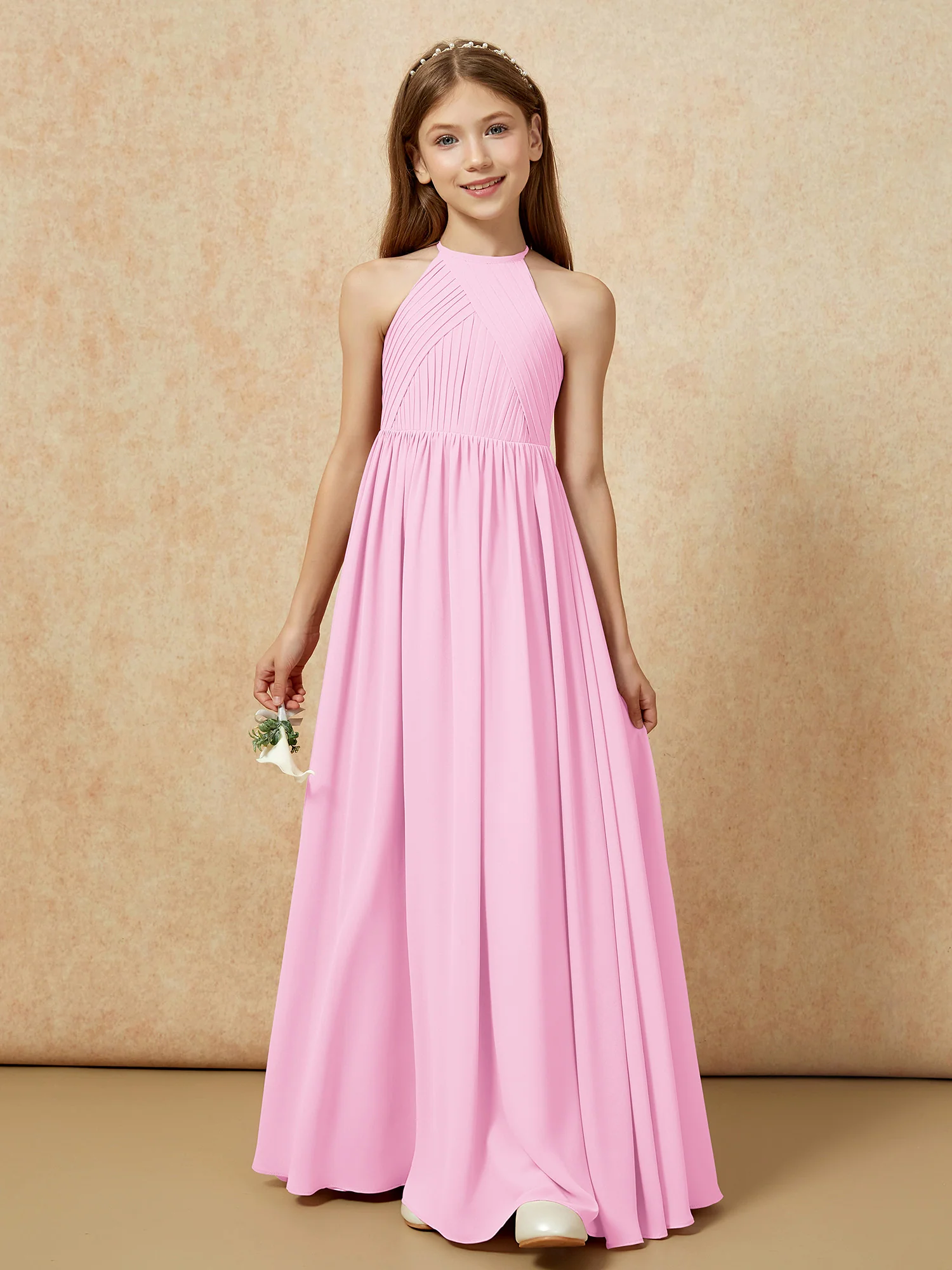 Halter Pleated Long Chiffon Junior Bridesmaid Dress Candy Pink - Image 6