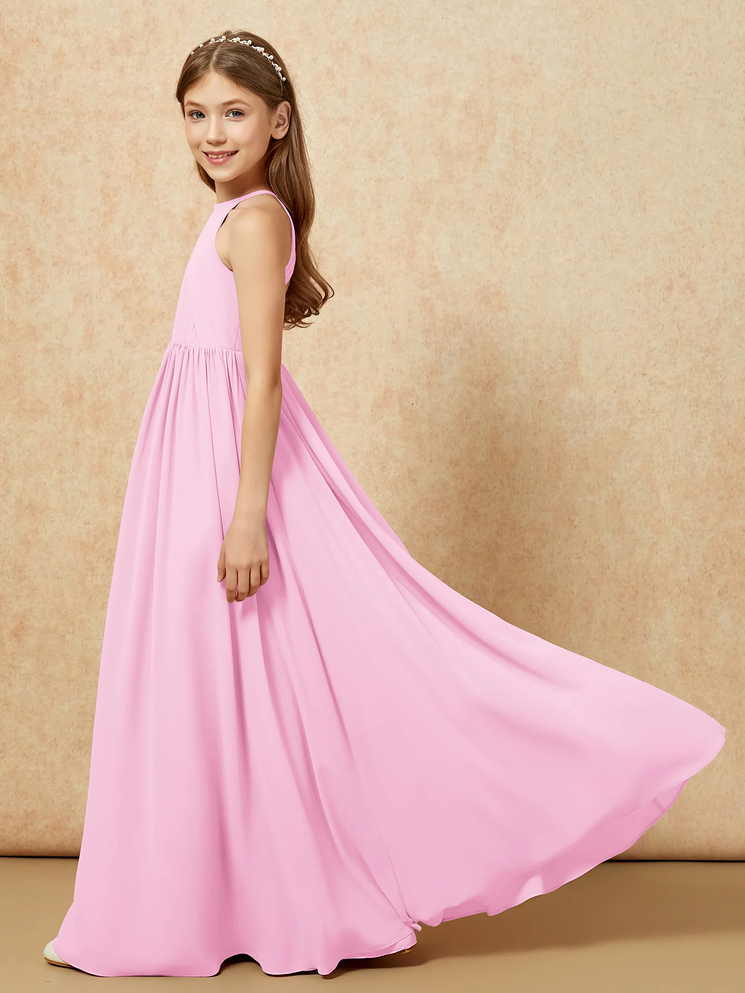 Halter Pleated Long Chiffon Junior Bridesmaid Dress Candy Pink - Image 7