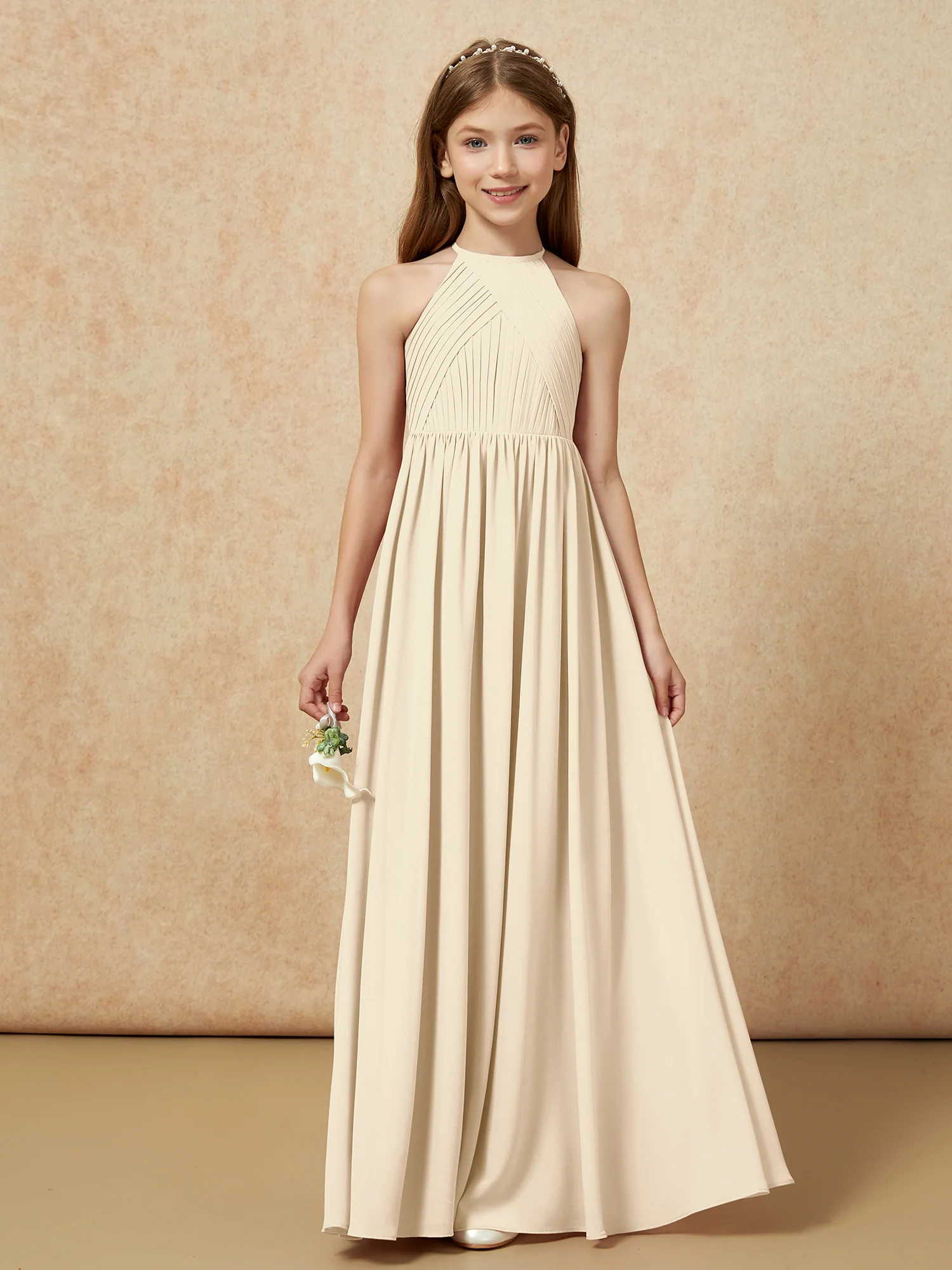 Halter Pleated Long Chiffon Junior Bridesmaid Dress Champagne