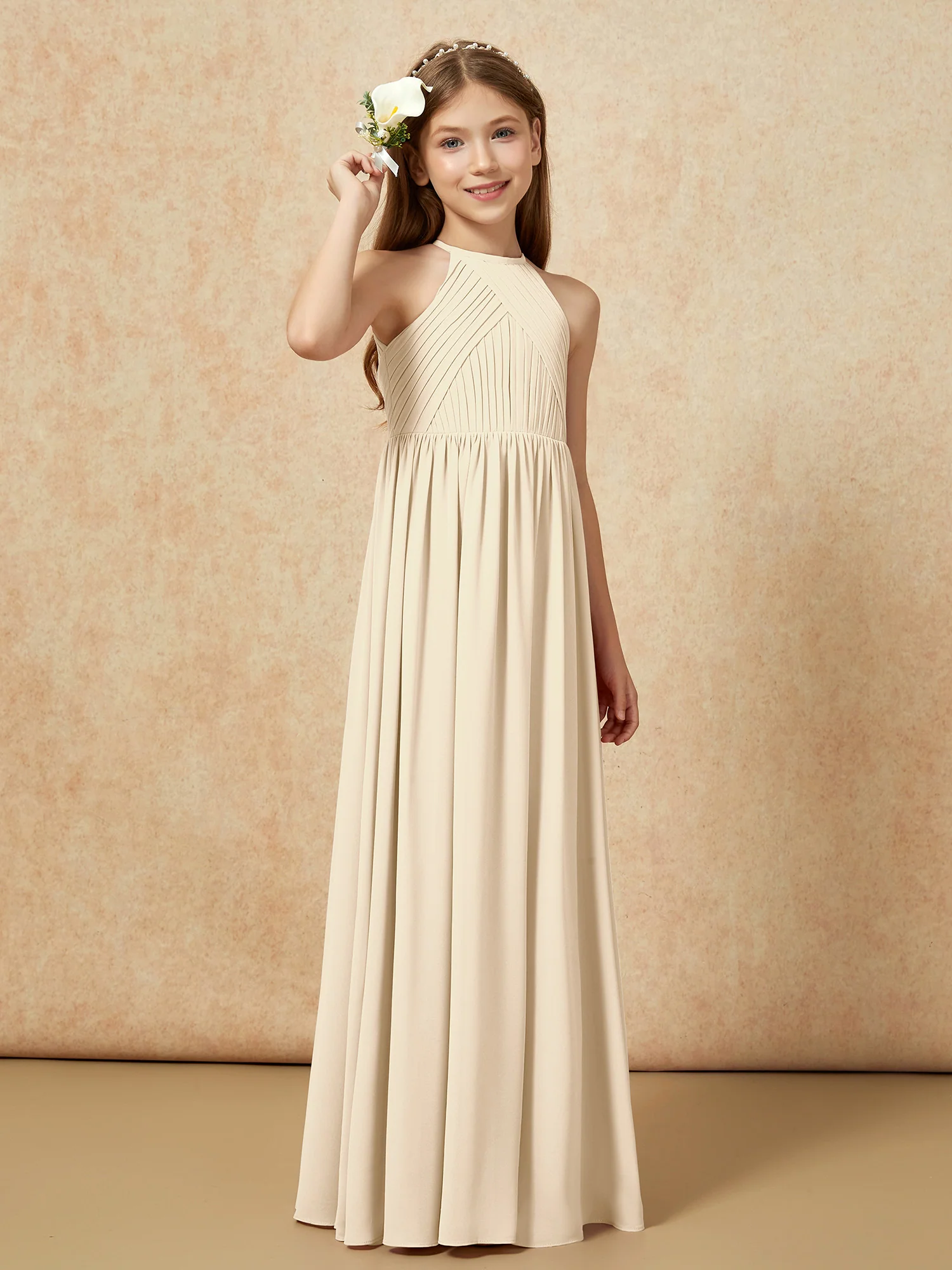 Halter Pleated Long Chiffon Junior Bridesmaid Dress Champagne - Image 4