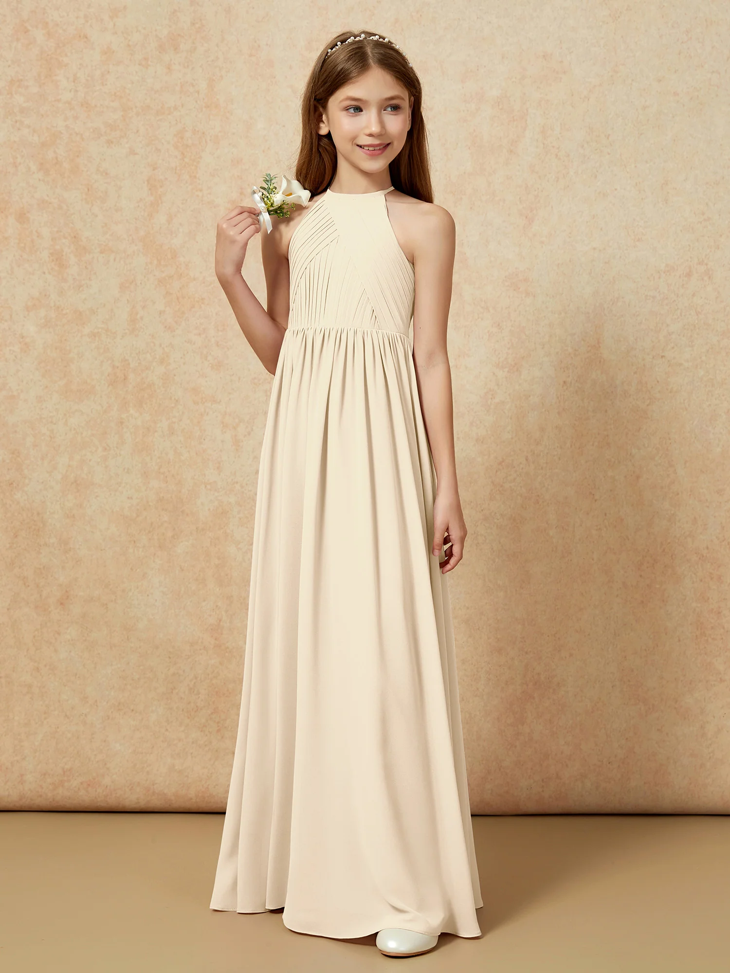 Halter Pleated Long Chiffon Junior Bridesmaid Dress Champagne - Image 5