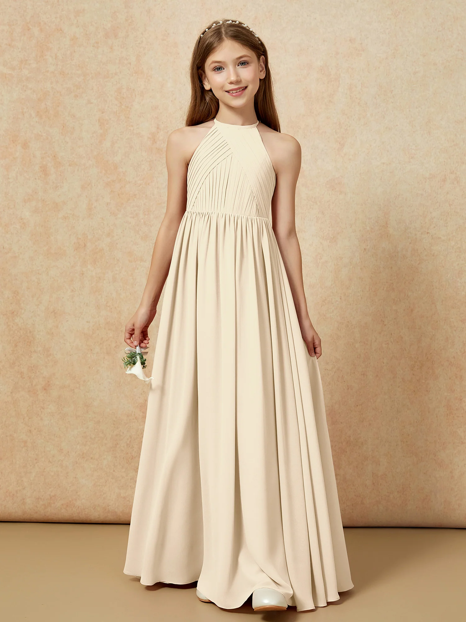 Halter Pleated Long Chiffon Junior Bridesmaid Dress Champagne - Image 6