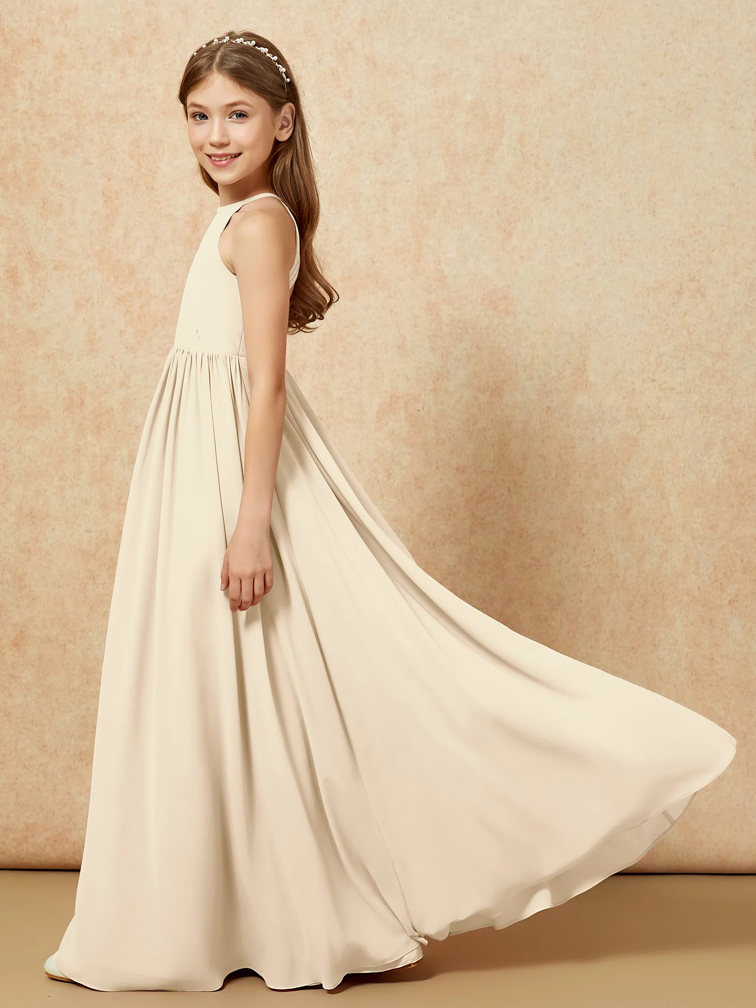 Halter Pleated Long Chiffon Junior Bridesmaid Dress Champagne - Image 7