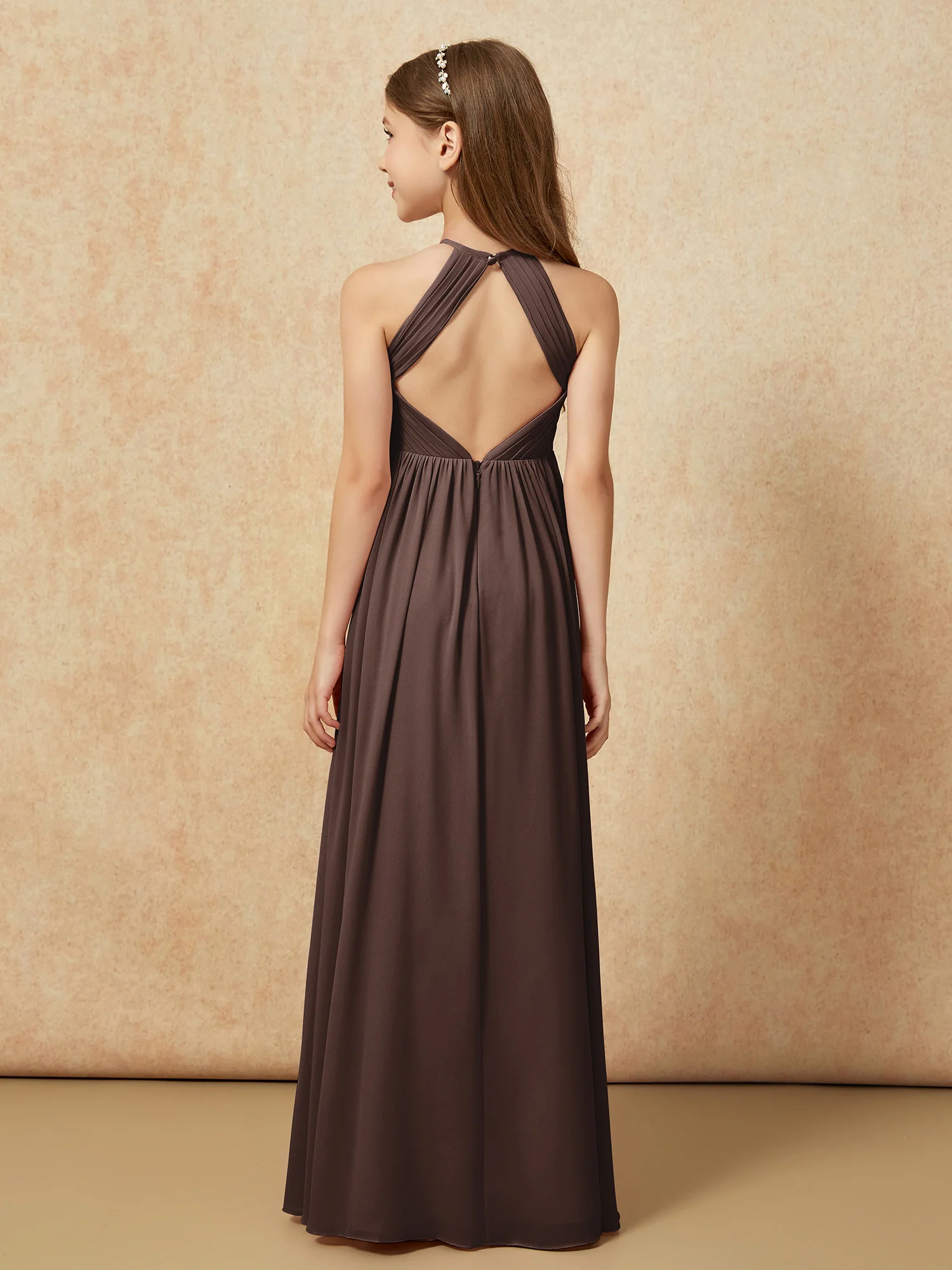 Halter Pleated Long Chiffon Junior Bridesmaid Dress Chocolate - Image 2