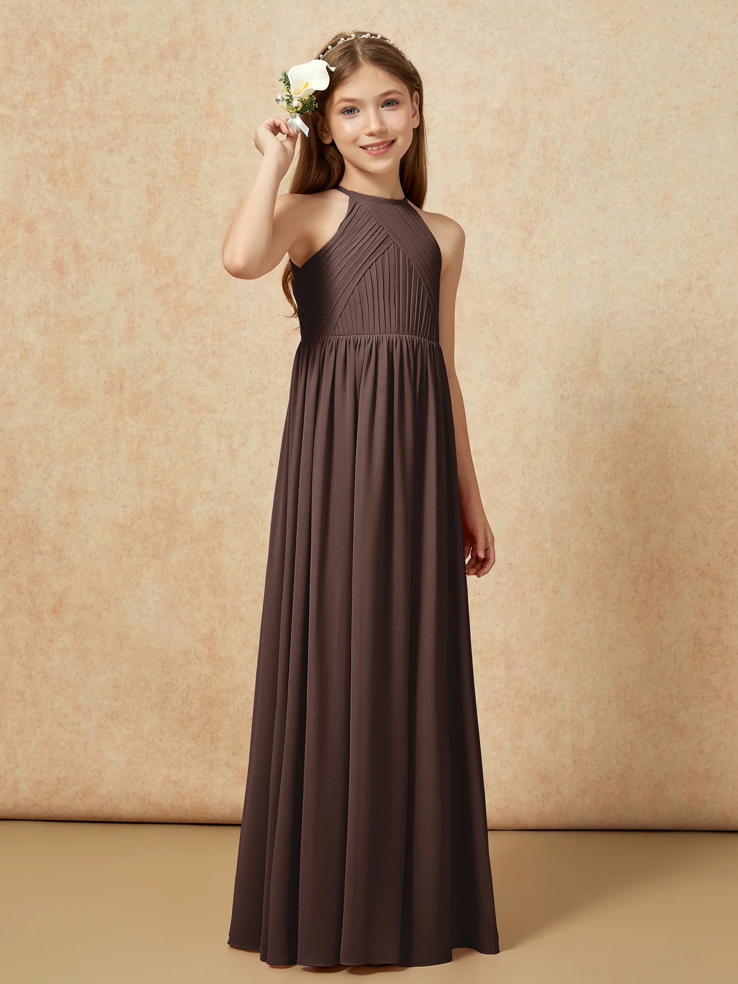 Halter Pleated Long Chiffon Junior Bridesmaid Dress Chocolate - Image 4