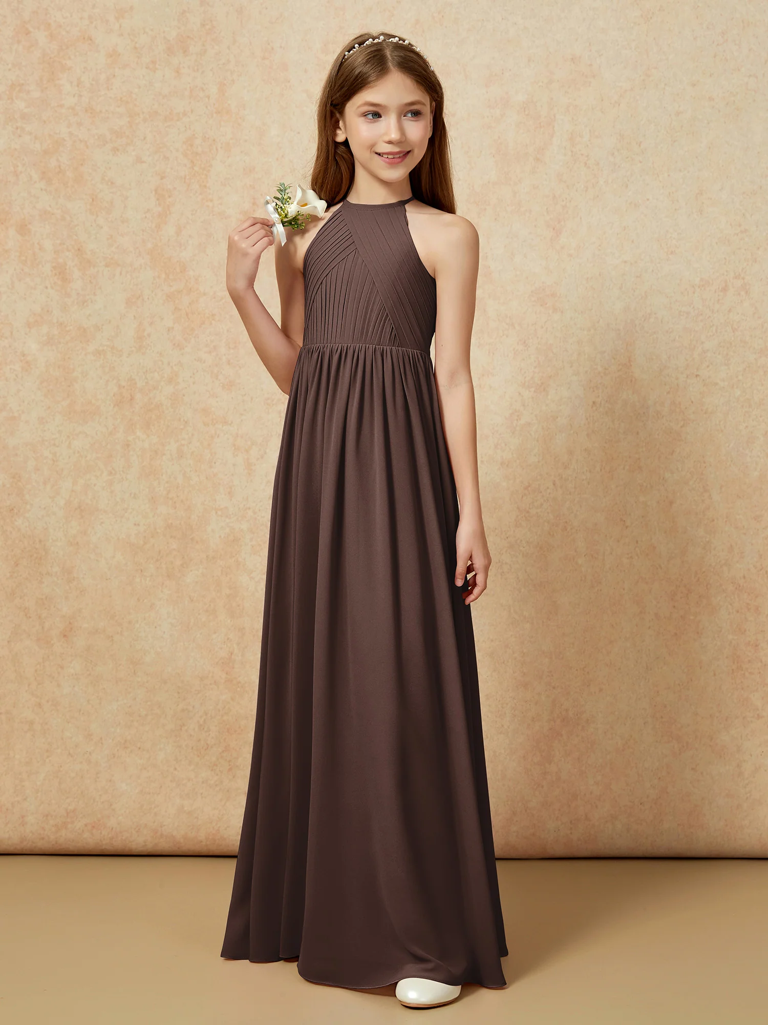 Halter Pleated Long Chiffon Junior Bridesmaid Dress Chocolate - Image 5