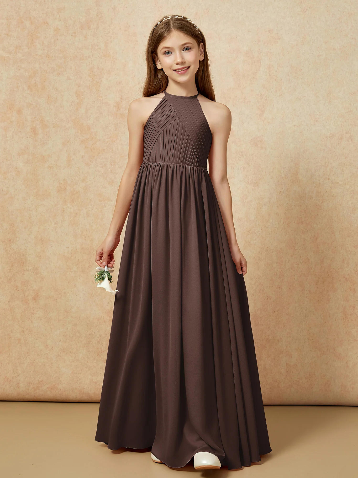Halter Pleated Long Chiffon Junior Bridesmaid Dress Chocolate - Image 6