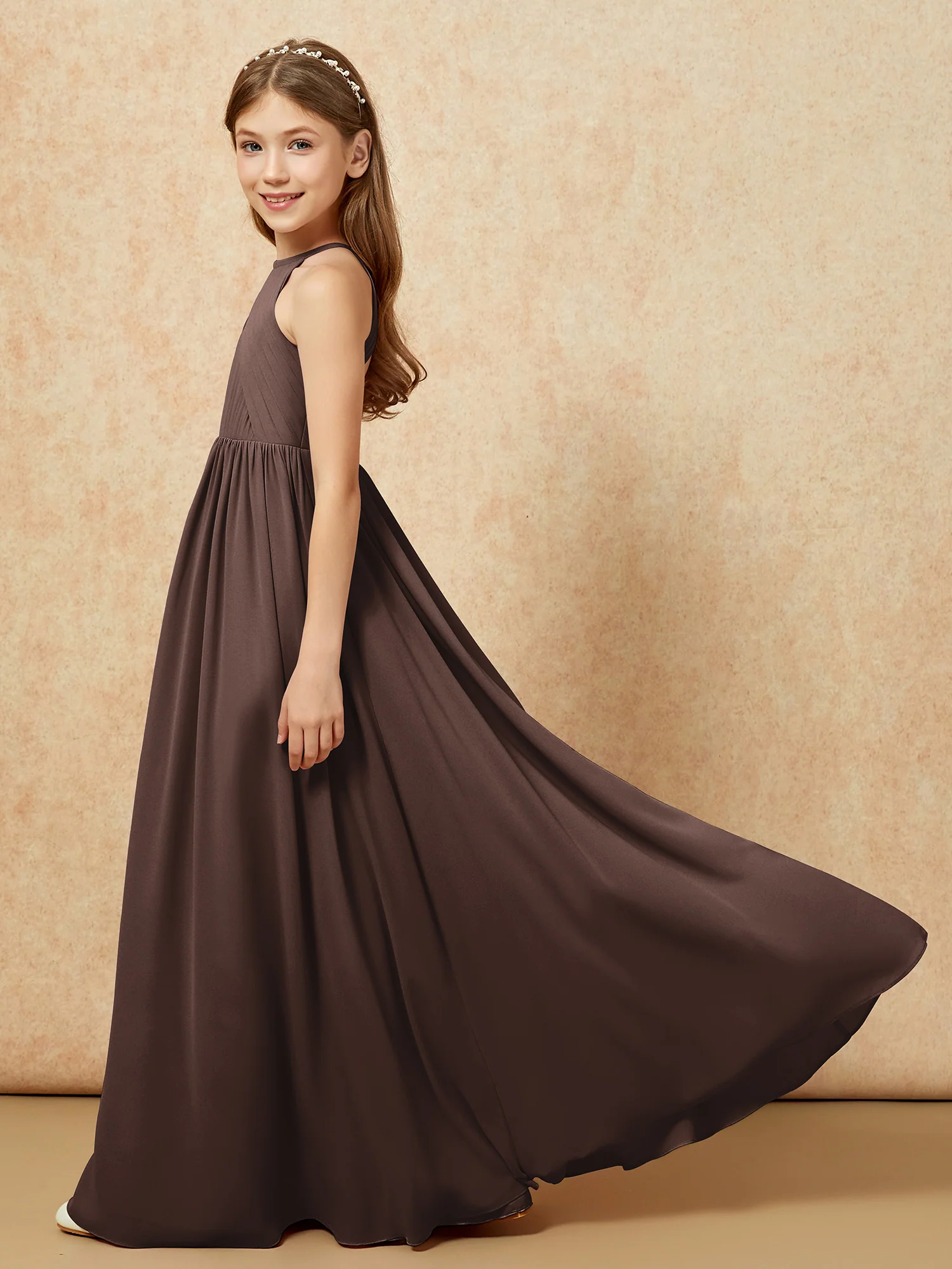Halter Pleated Long Chiffon Junior Bridesmaid Dress Chocolate - Image 7