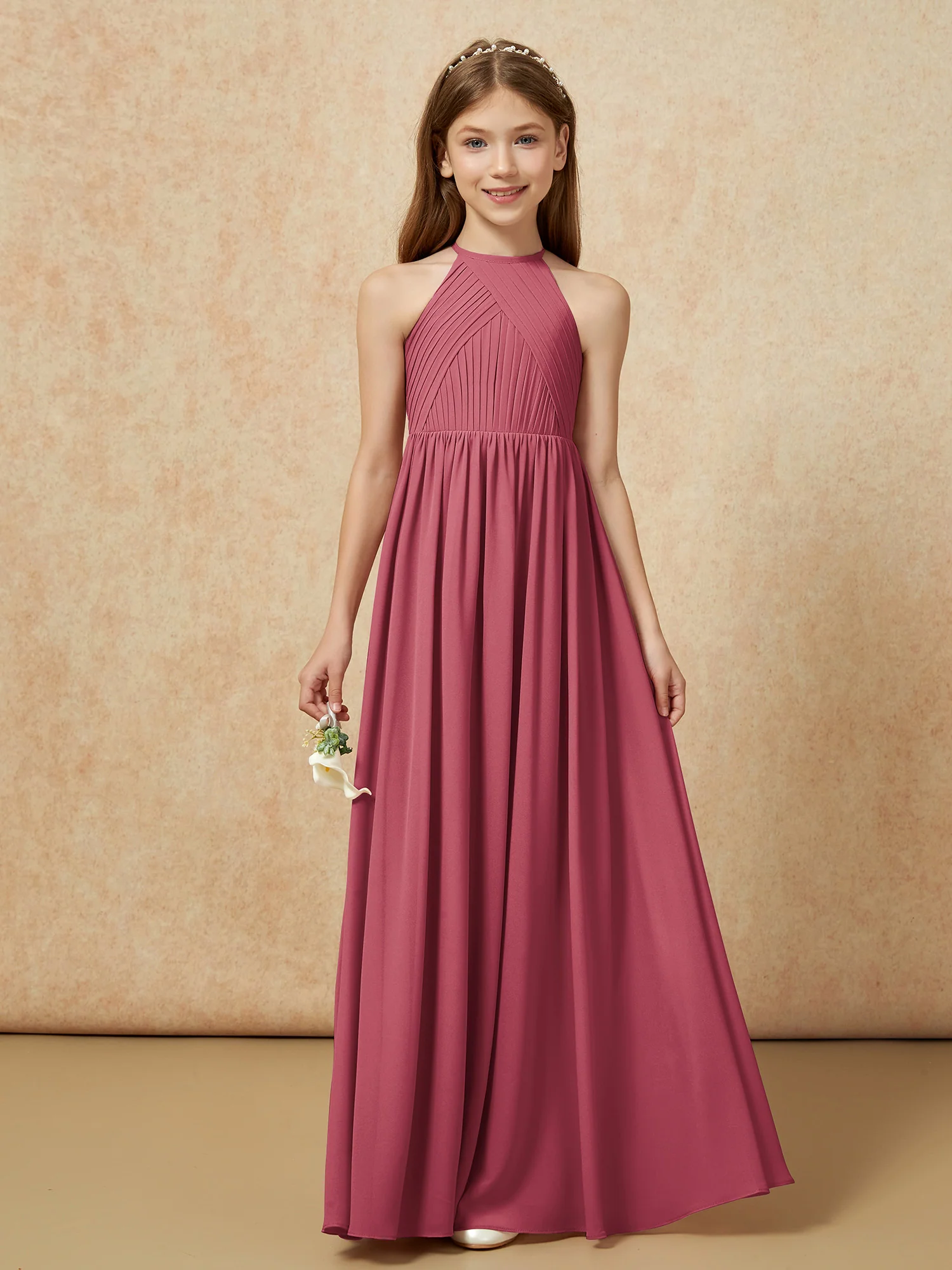 Halter Pleated Long Chiffon Junior Bridesmaid Dress Cinnamon Rose