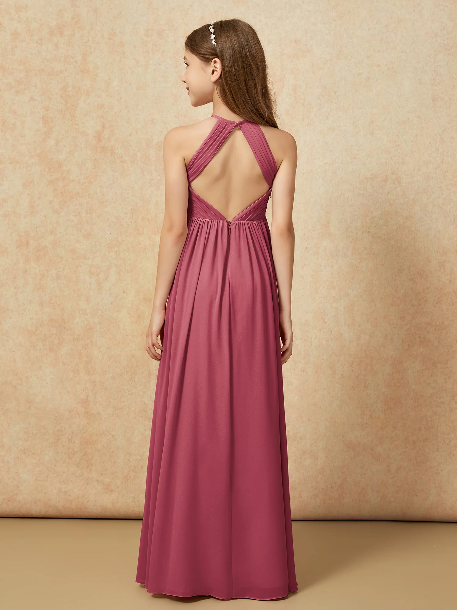 Halter Pleated Long Chiffon Junior Bridesmaid Dress Cinnamon Rose - Image 2