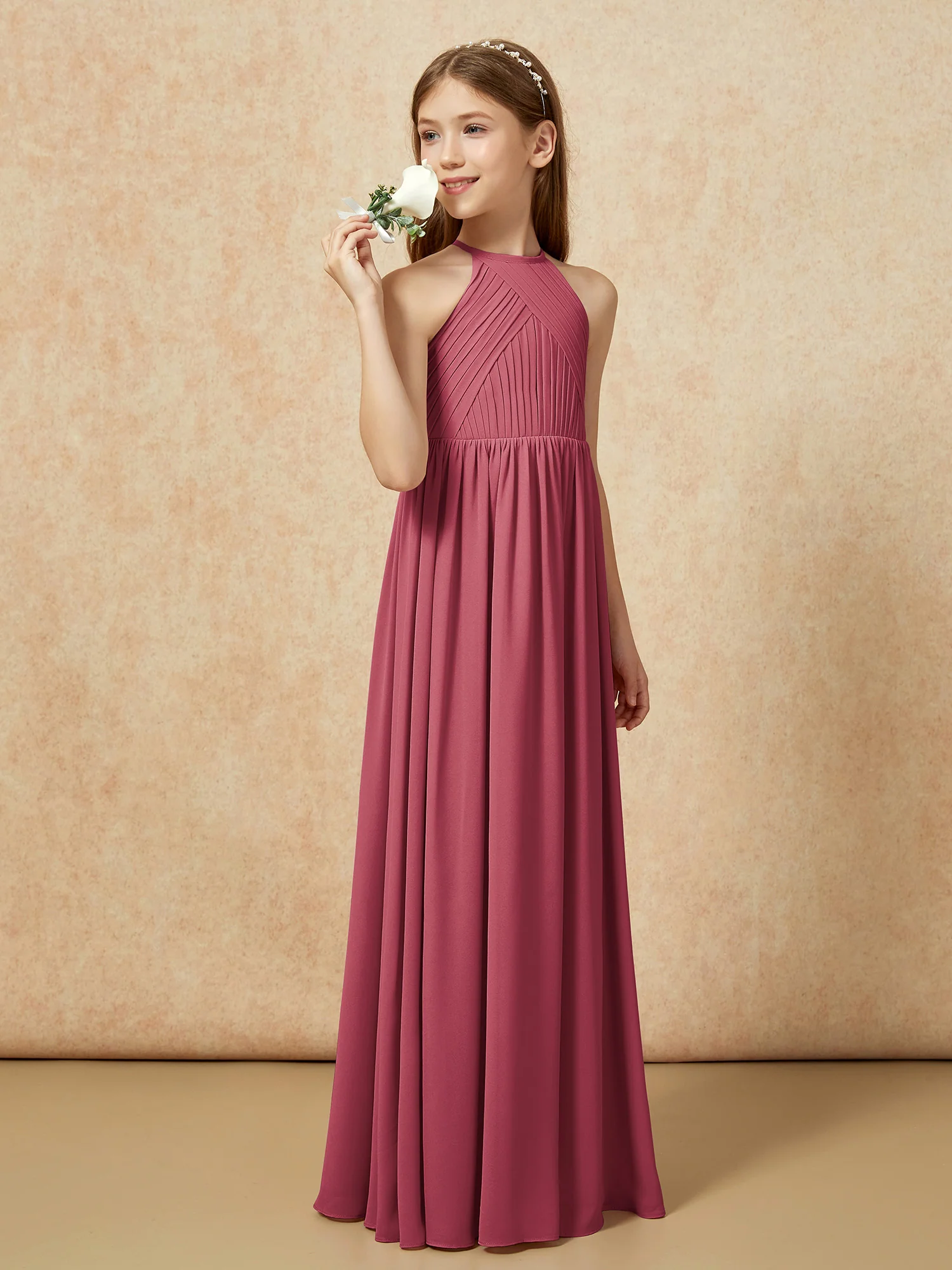 Halter Pleated Long Chiffon Junior Bridesmaid Dress Cinnamon Rose - Image 3
