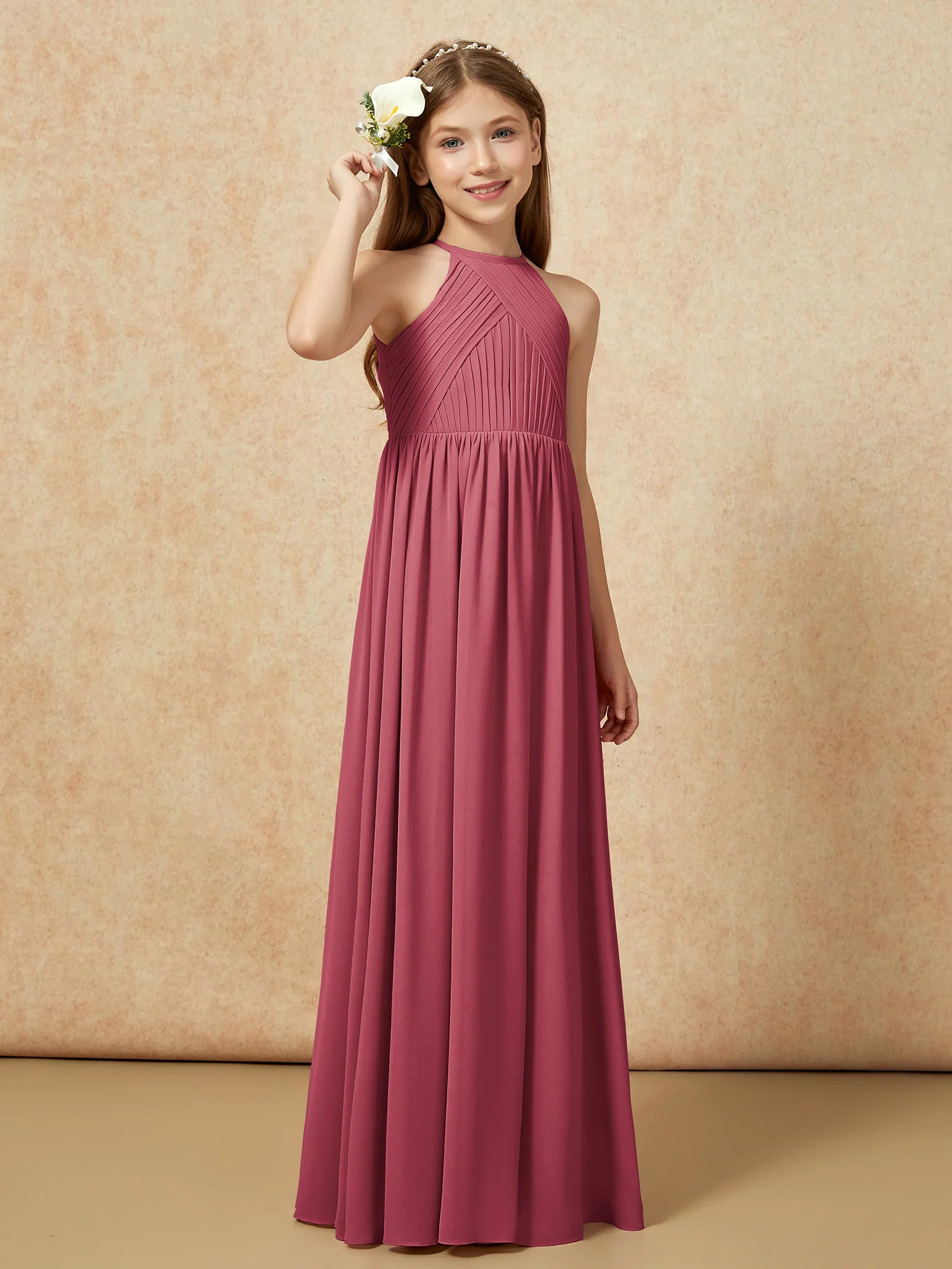 Halter Pleated Long Chiffon Junior Bridesmaid Dress Cinnamon Rose - Image 4