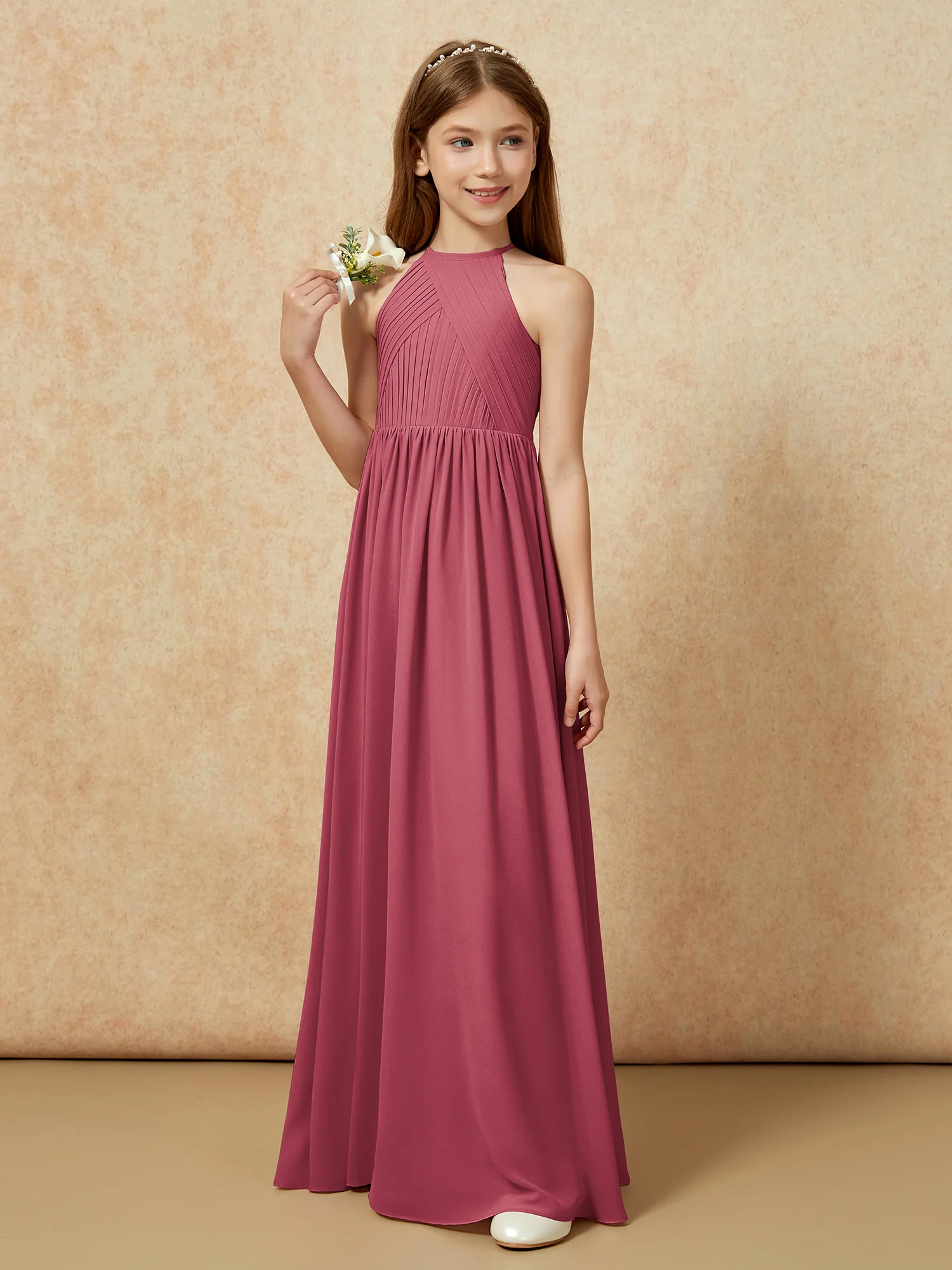 Halter Pleated Long Chiffon Junior Bridesmaid Dress Cinnamon Rose - Image 5