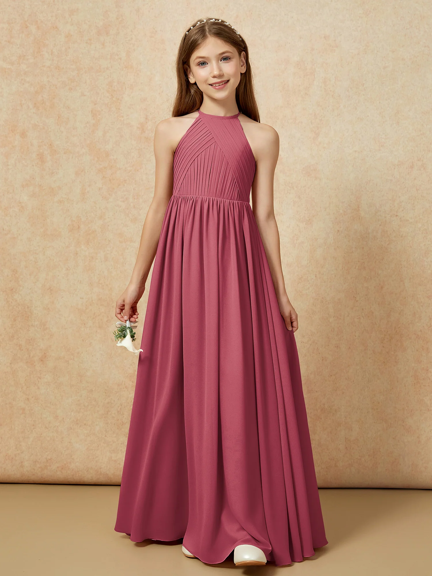 Halter Pleated Long Chiffon Junior Bridesmaid Dress Cinnamon Rose - Image 6