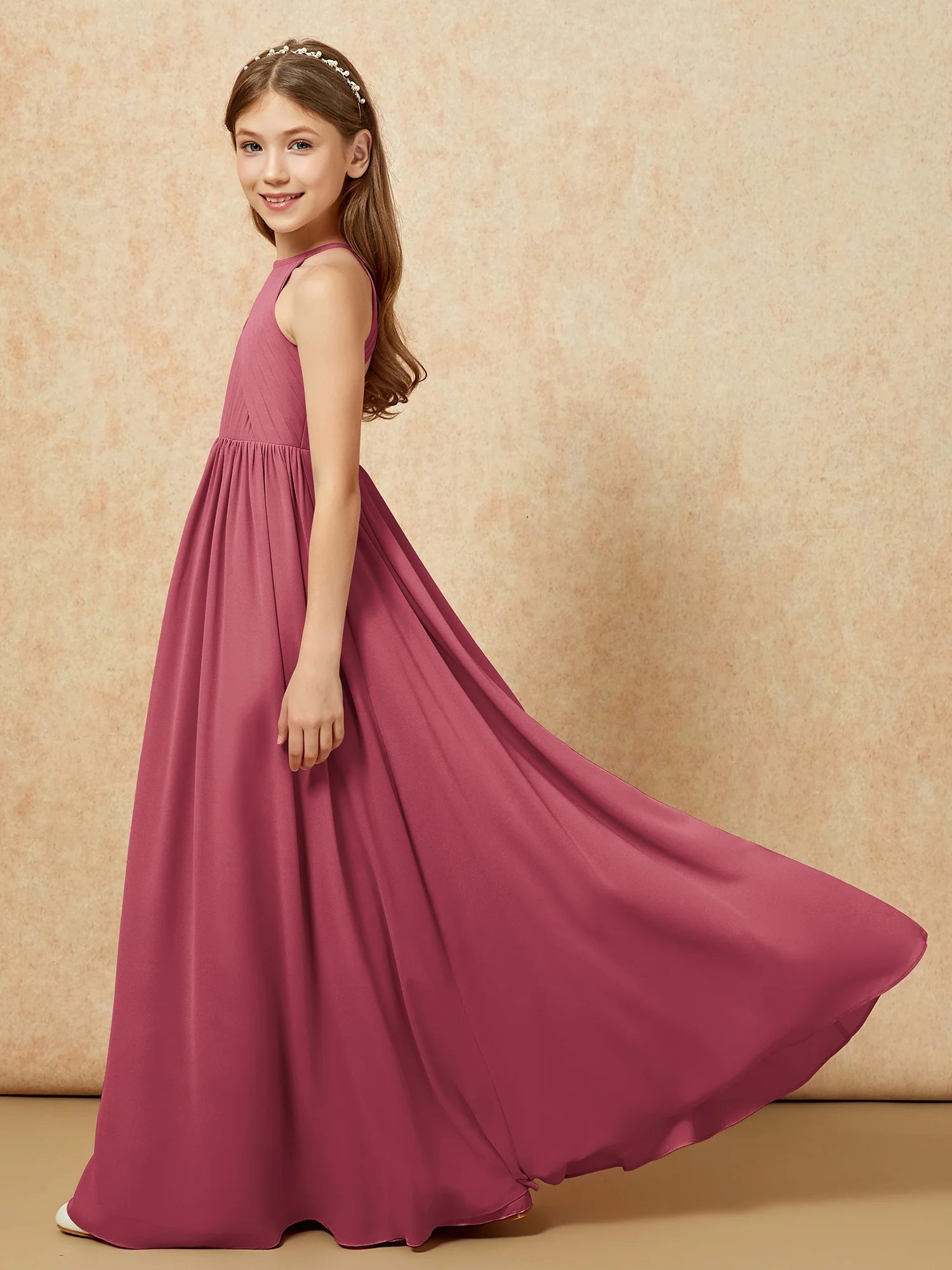 Halter Pleated Long Chiffon Junior Bridesmaid Dress Cinnamon Rose - Image 7