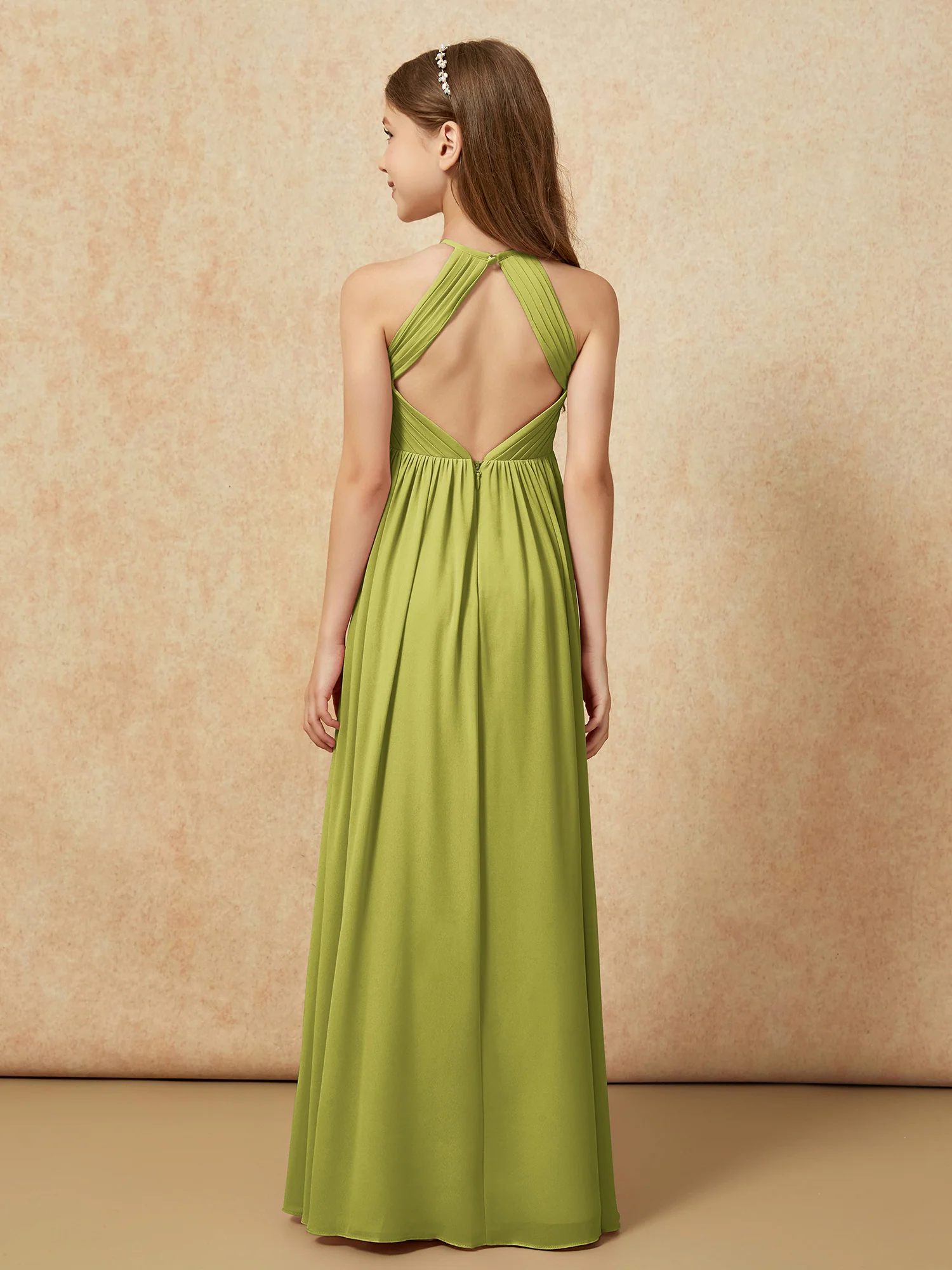 Halter Pleated Long Chiffon Junior Bridesmaid Dress Clover - Image 2