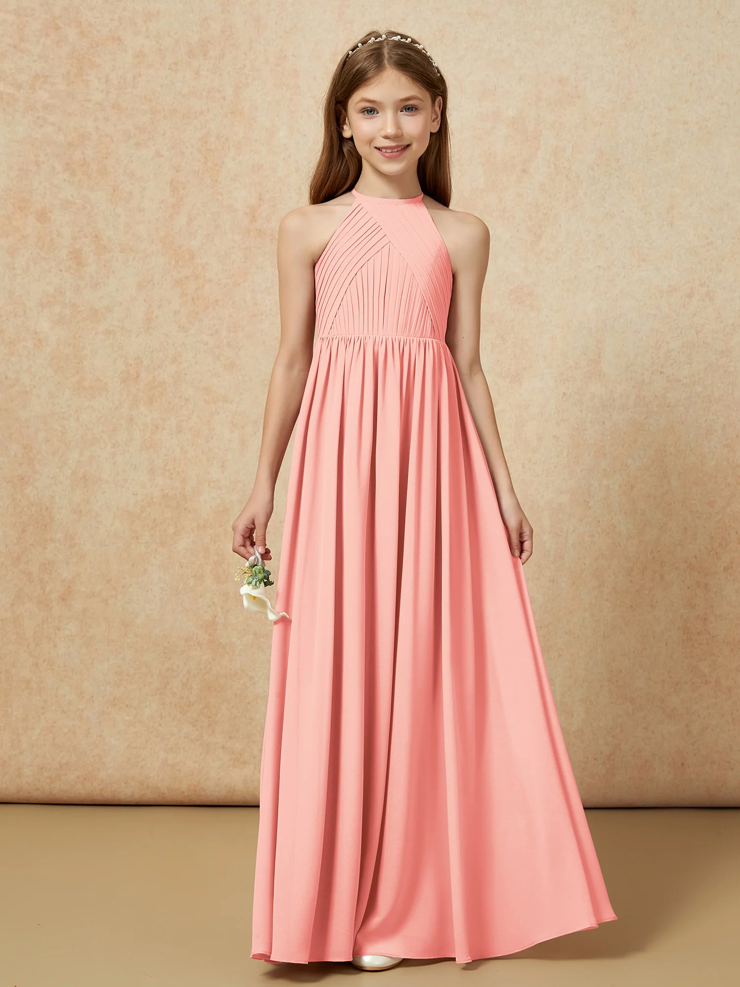 Halter Pleated Long Chiffon Junior Bridesmaid Dress Coral