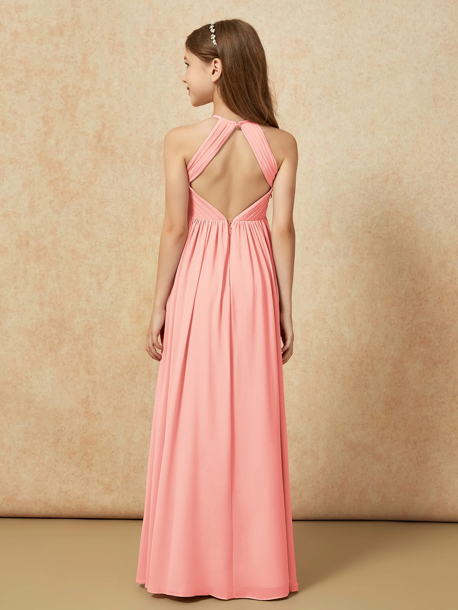Halter Pleated Long Chiffon Junior Bridesmaid Dress Coral - Image 2