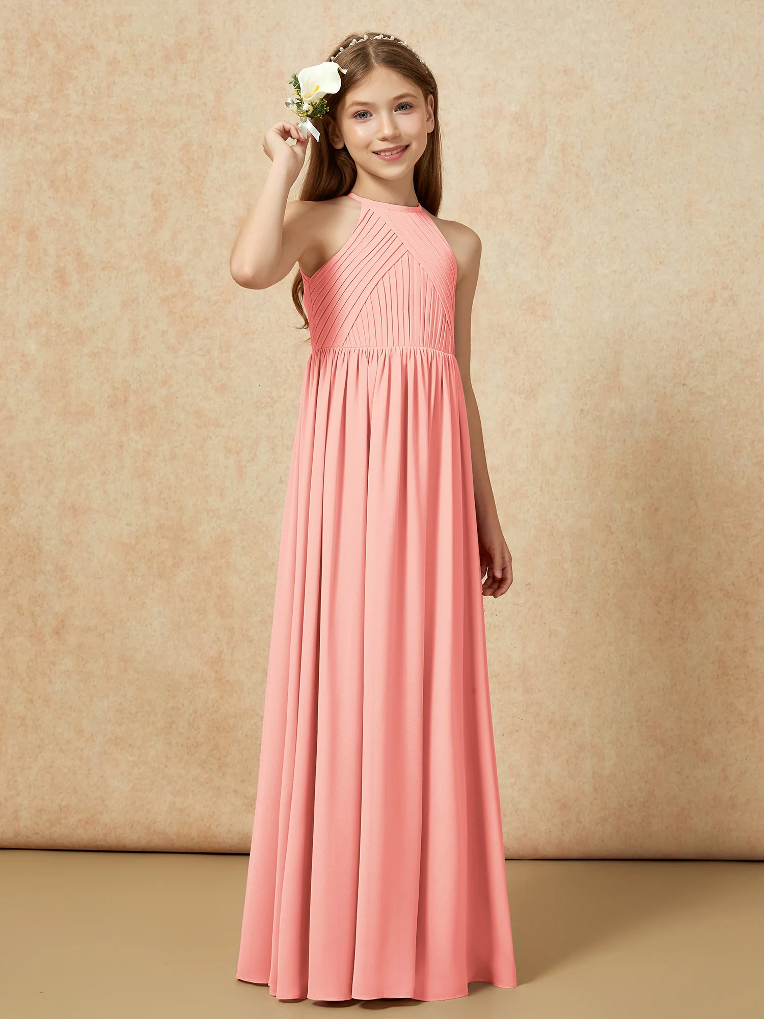 Halter Pleated Long Chiffon Junior Bridesmaid Dress Coral - Image 4