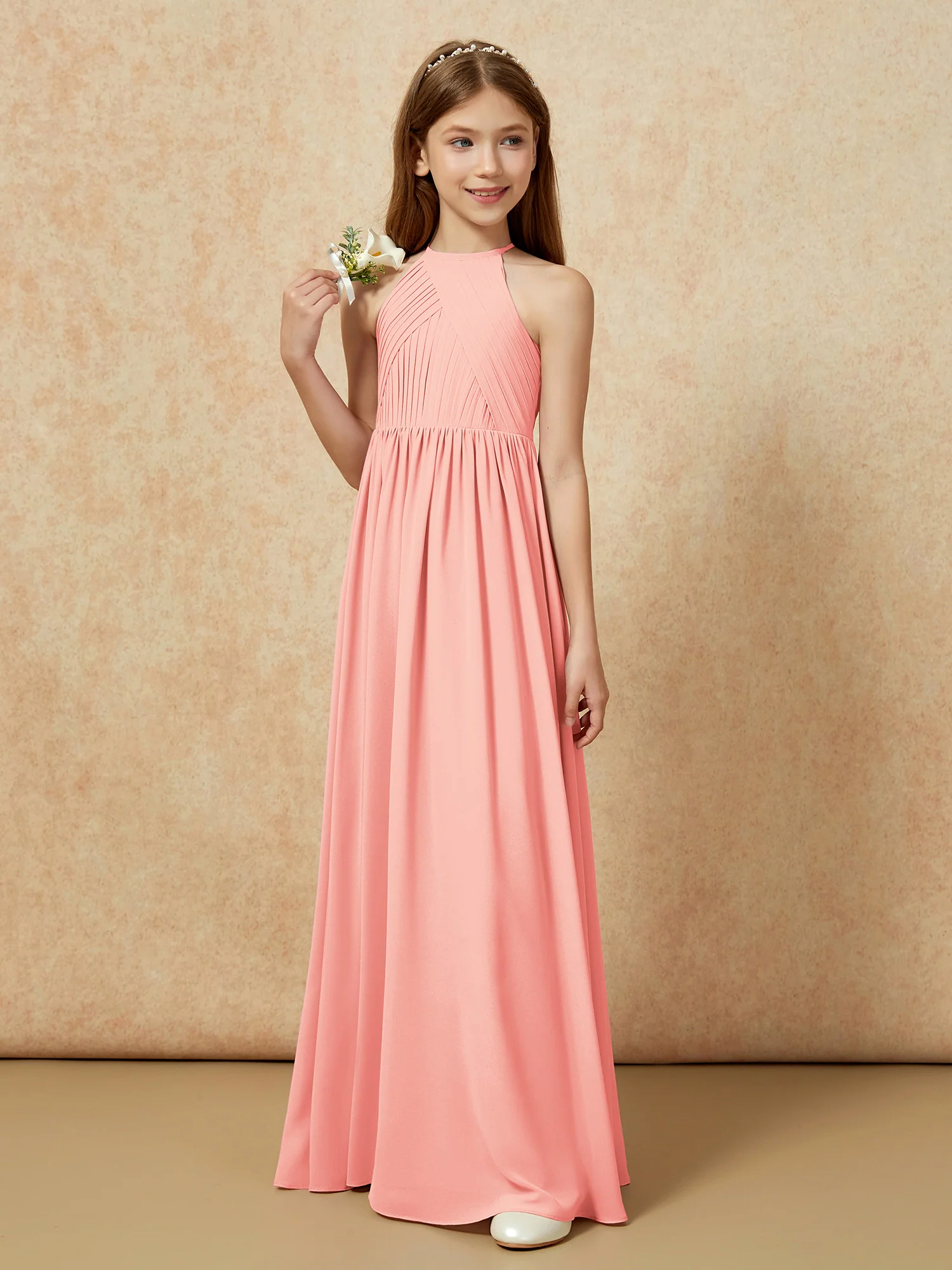 Halter Pleated Long Chiffon Junior Bridesmaid Dress Coral - Image 5