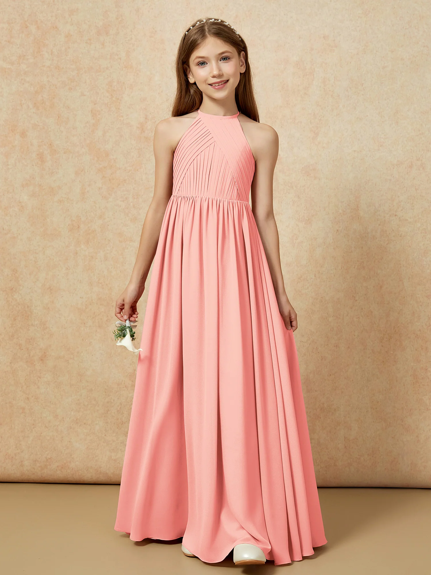 Halter Pleated Long Chiffon Junior Bridesmaid Dress Coral - Image 6