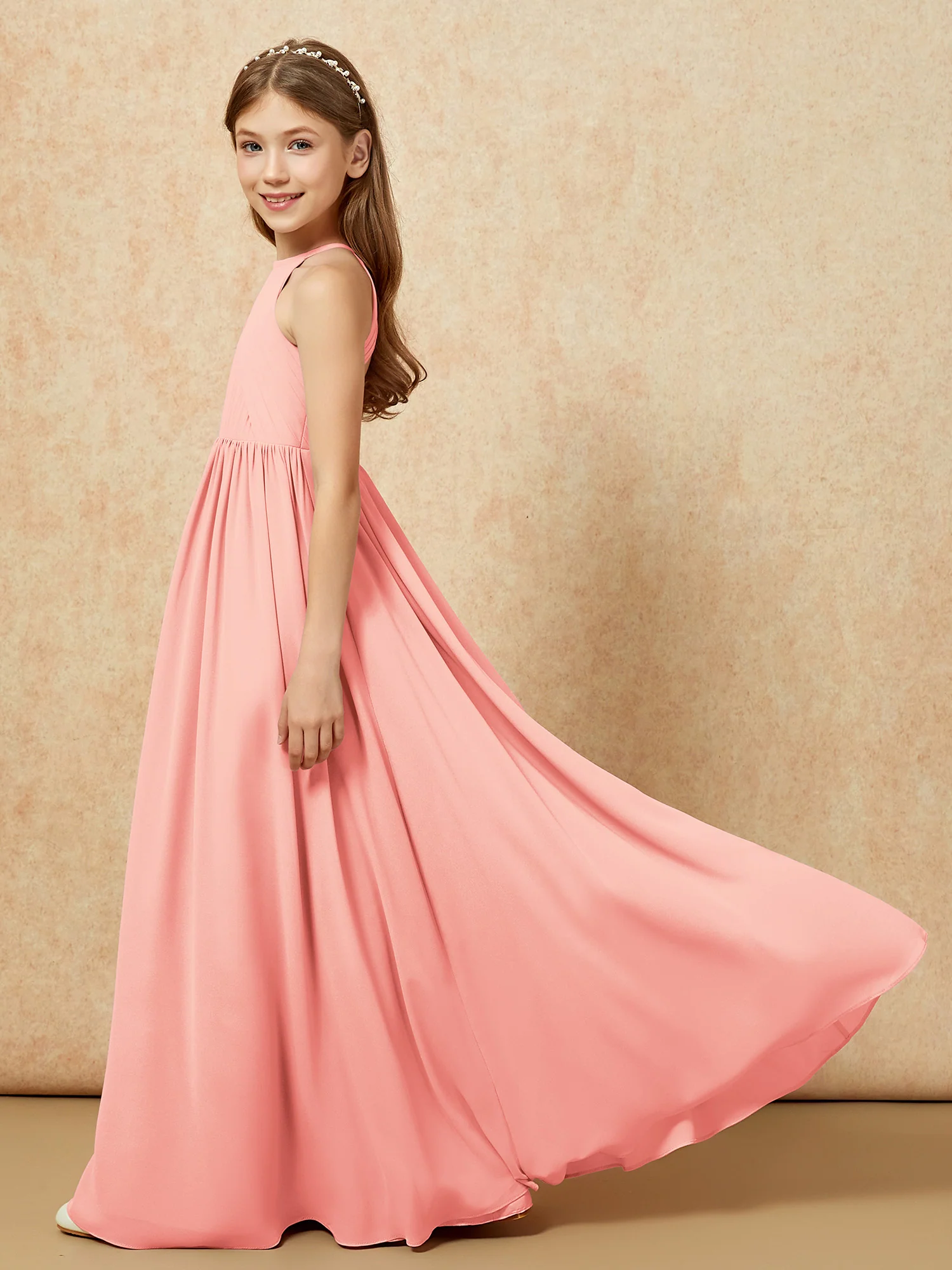 Halter Pleated Long Chiffon Junior Bridesmaid Dress Coral - Image 7