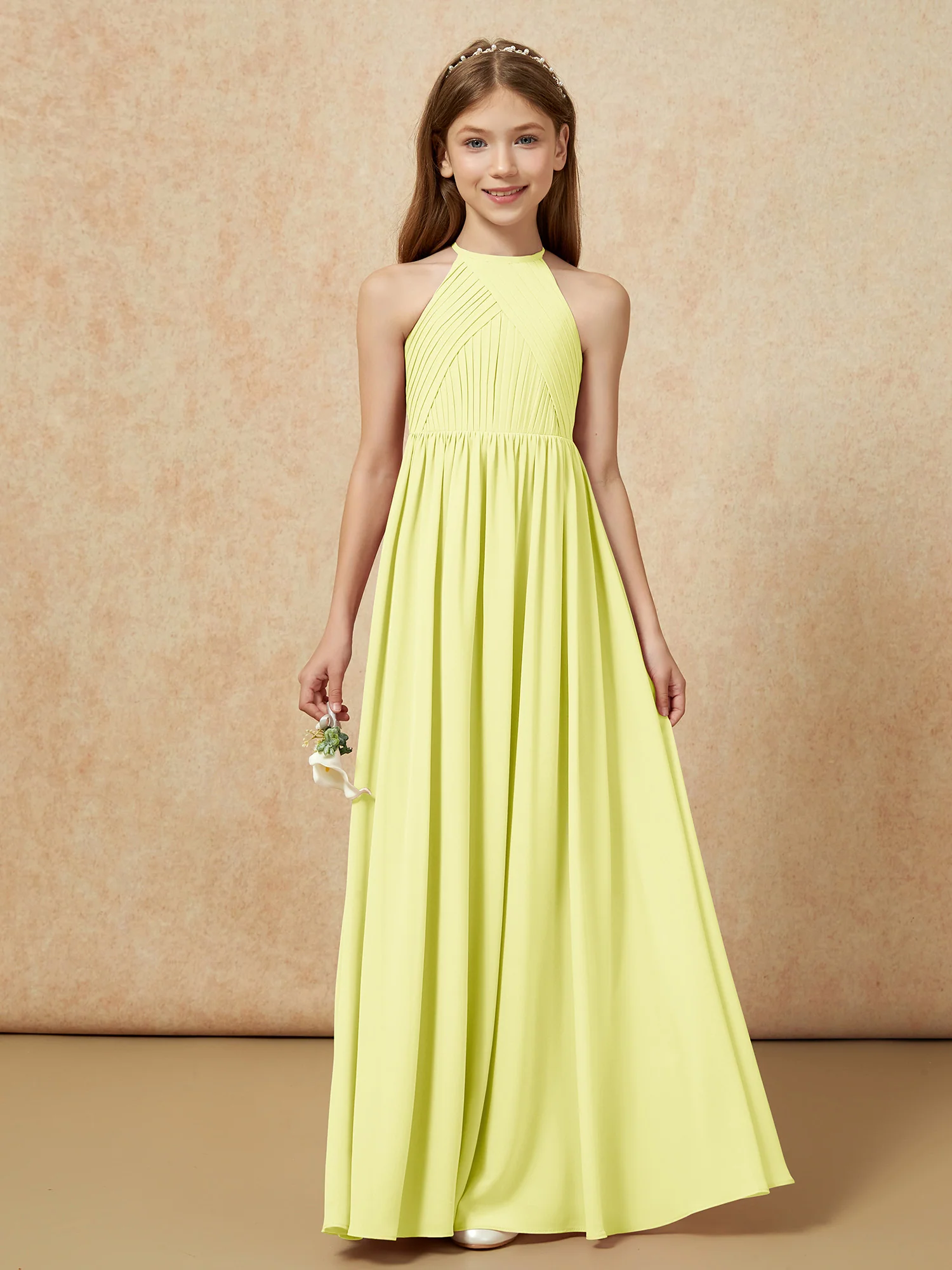 Halter Pleated Long Chiffon Junior Bridesmaid Dress Daffodil