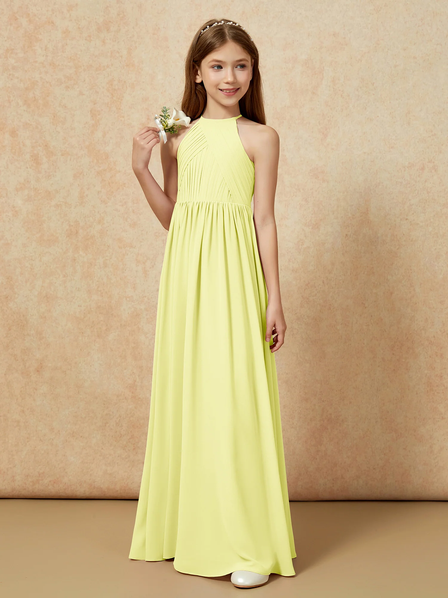 Halter Pleated Long Chiffon Junior Bridesmaid Dress Daffodil - Image 5
