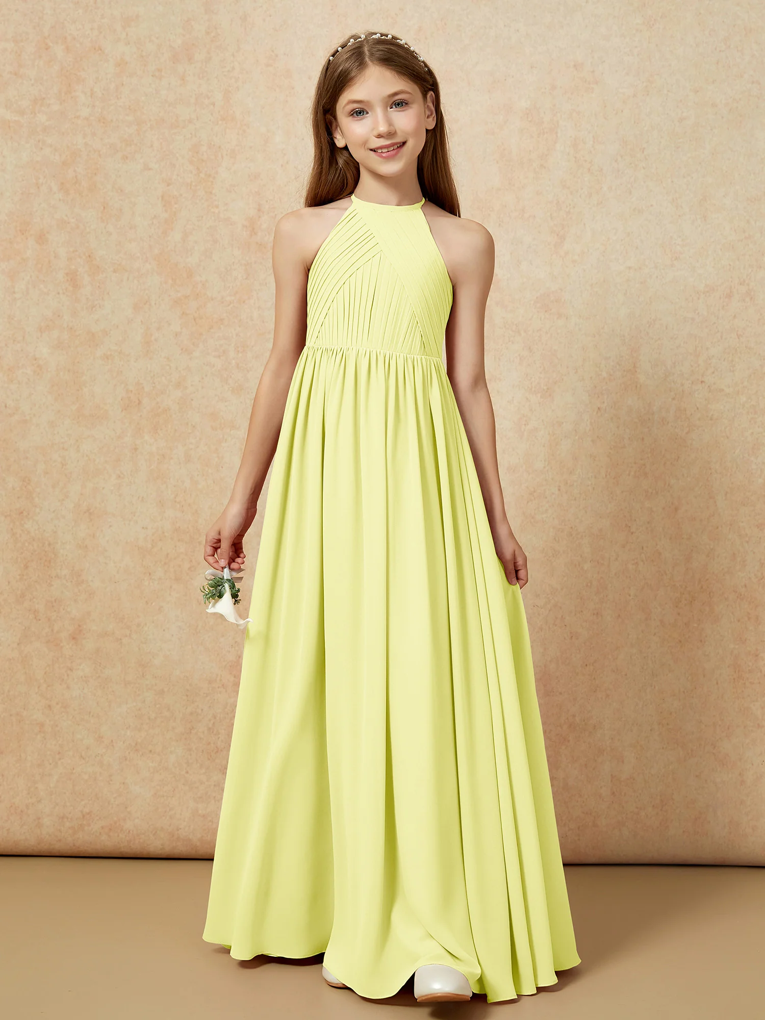 Halter Pleated Long Chiffon Junior Bridesmaid Dress Daffodil - Image 6