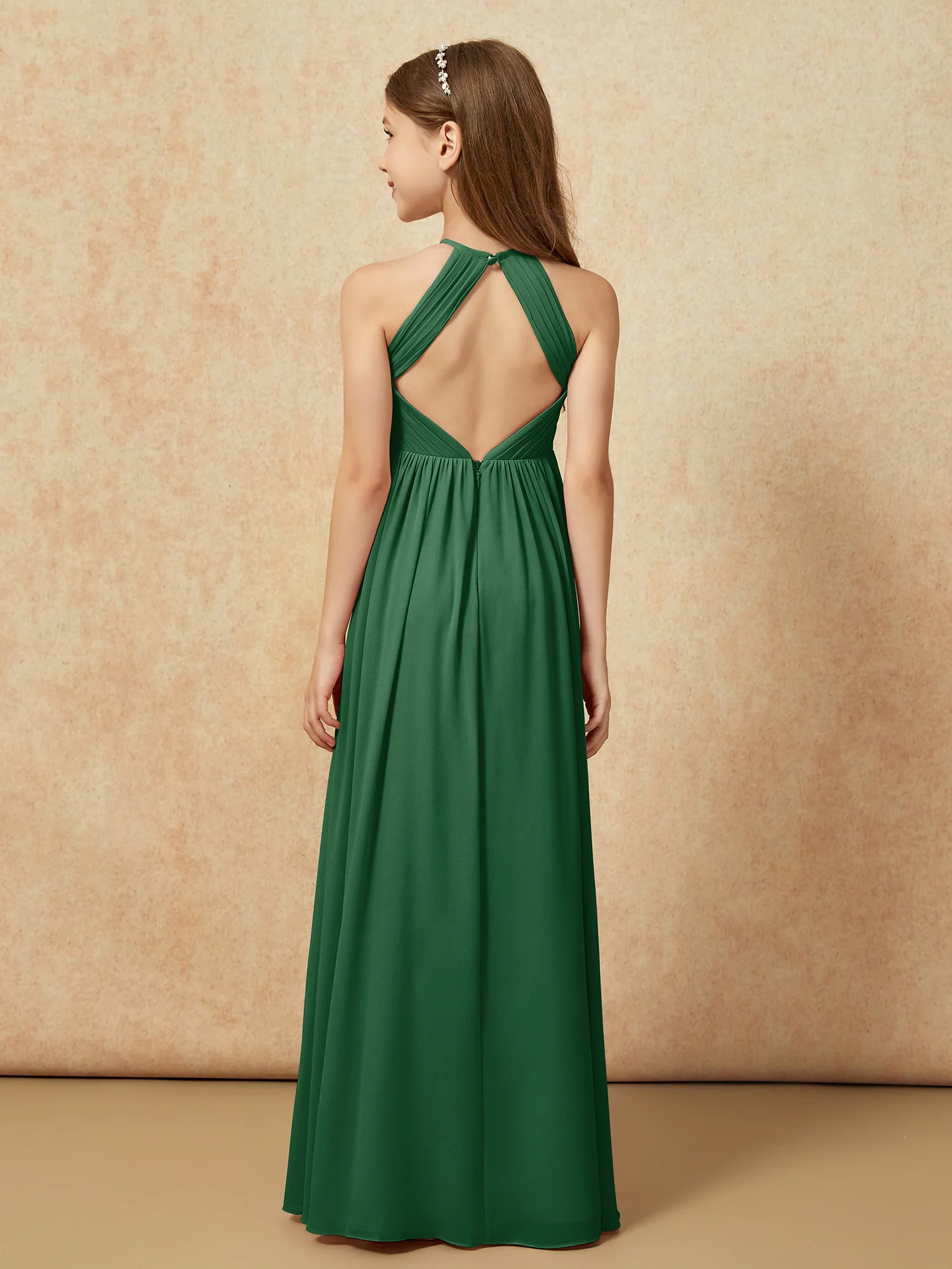 Halter Pleated Long Chiffon Junior Bridesmaid Dress Dark Green - Image 2