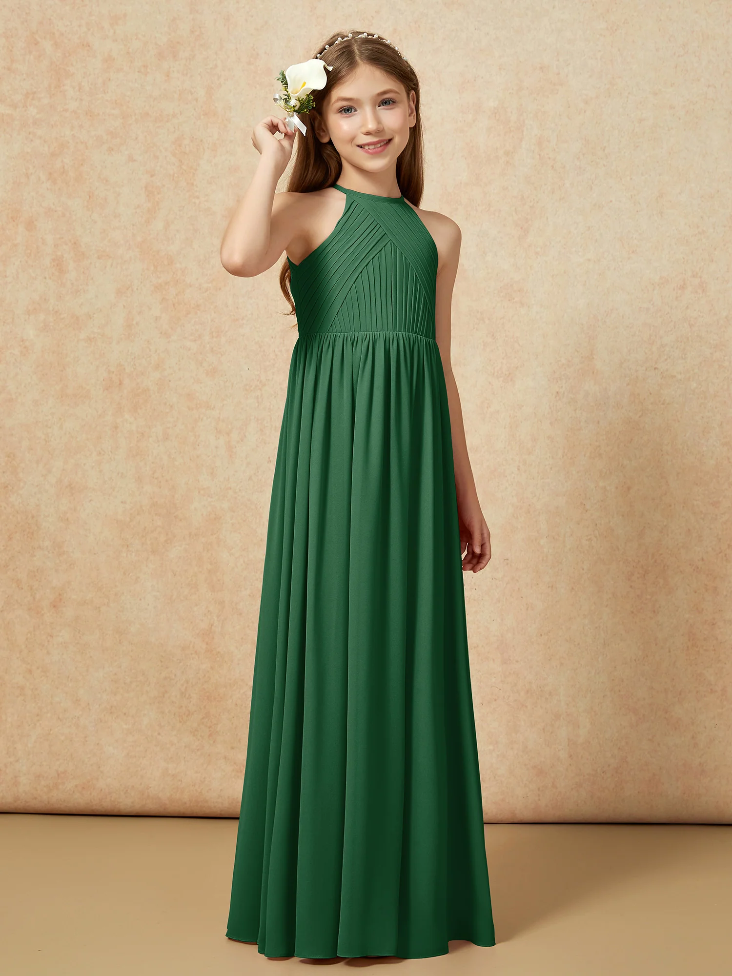 Halter Pleated Long Chiffon Junior Bridesmaid Dress Dark Green - Image 4