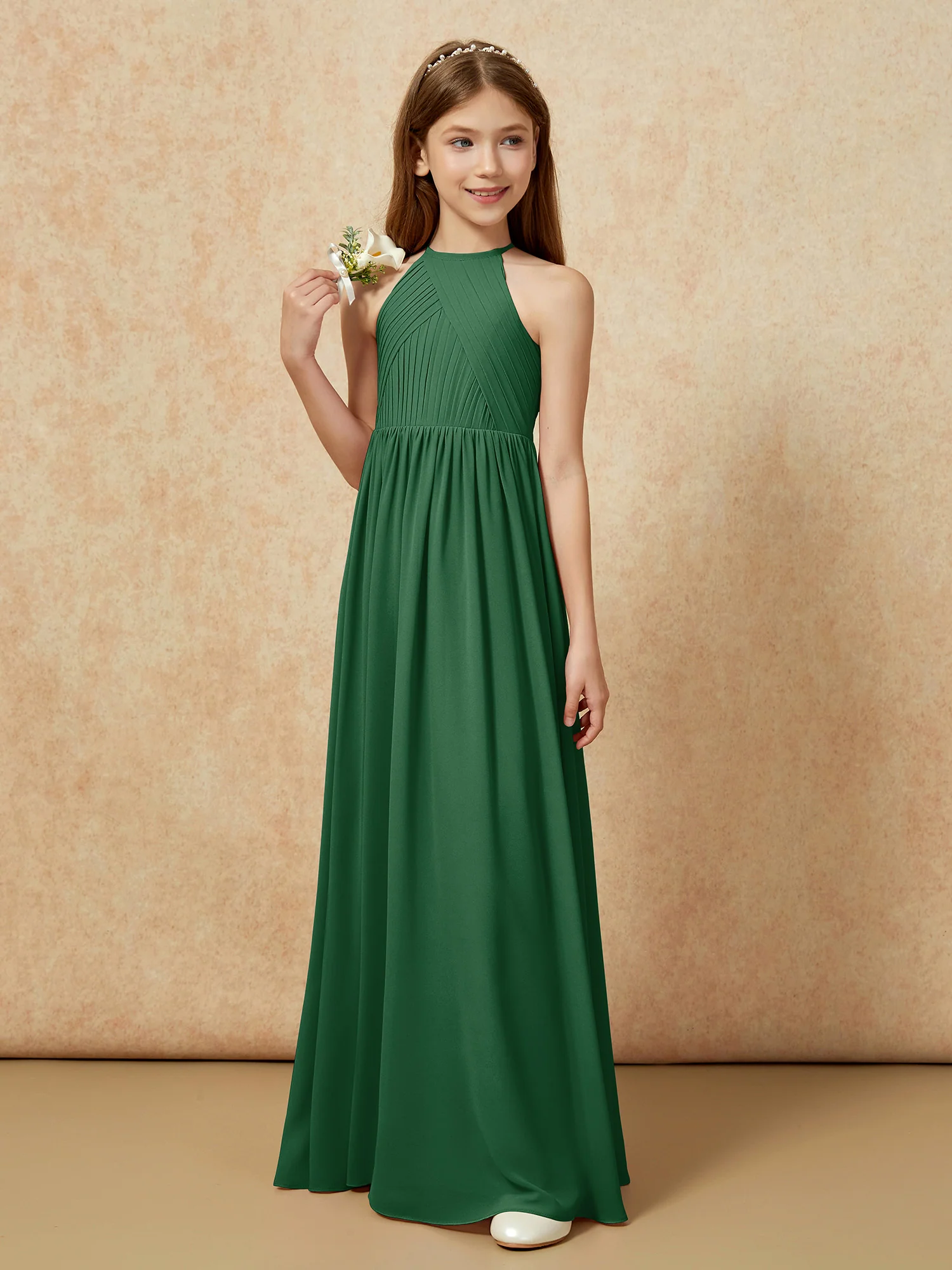 Halter Pleated Long Chiffon Junior Bridesmaid Dress Dark Green - Image 5